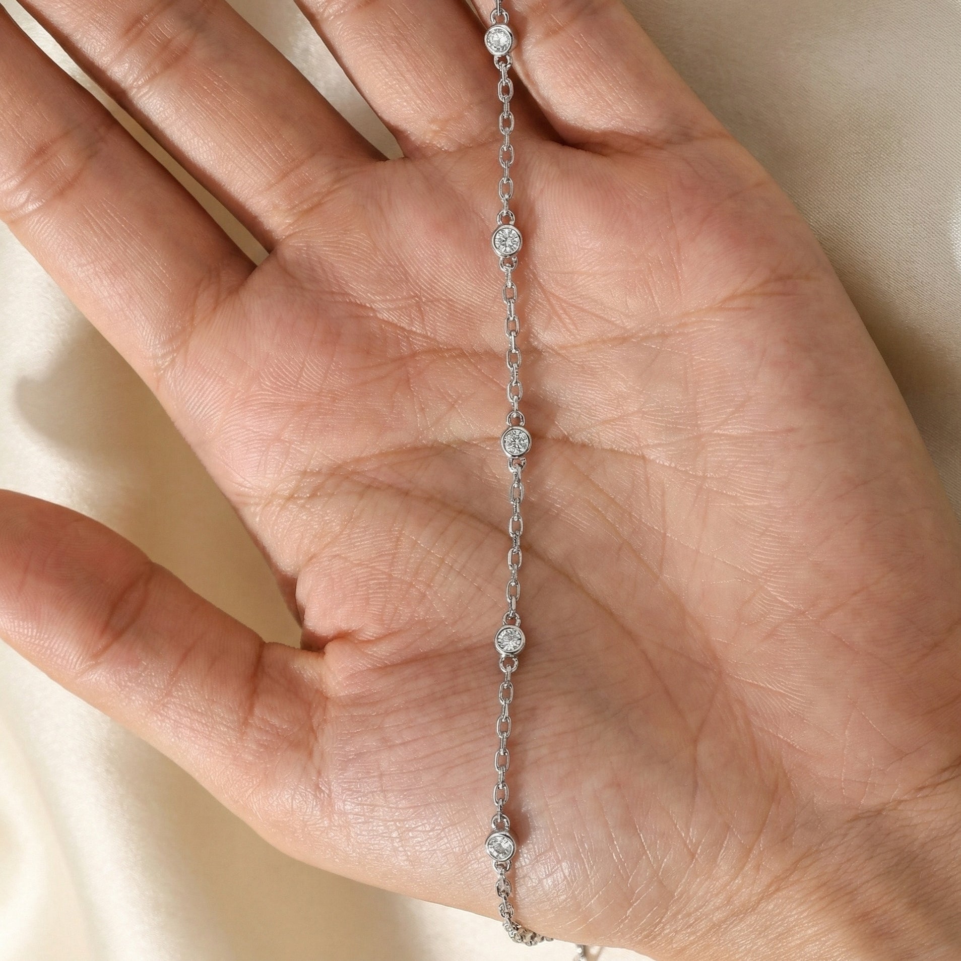 Minimalist Bezel Set Station Chain Bracelet in 14k Solid Gold, 0.35 TCW Round Cut Lab Grown Diamonds, Handmade Bridal Jewelry, Anniversary Gift for Her