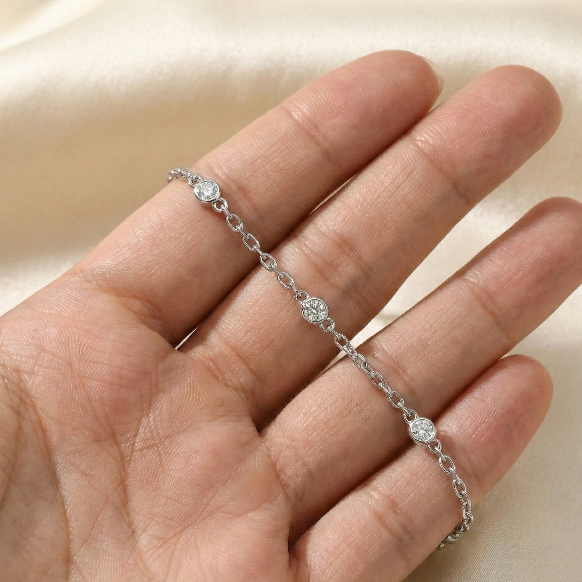 Minimalist Bezel Set Station Chain Bracelet in 14k Solid Gold, 0.35 TCW Round Cut Lab Grown Diamonds, Handmade Bridal Jewelry, Anniversary Gift for Her