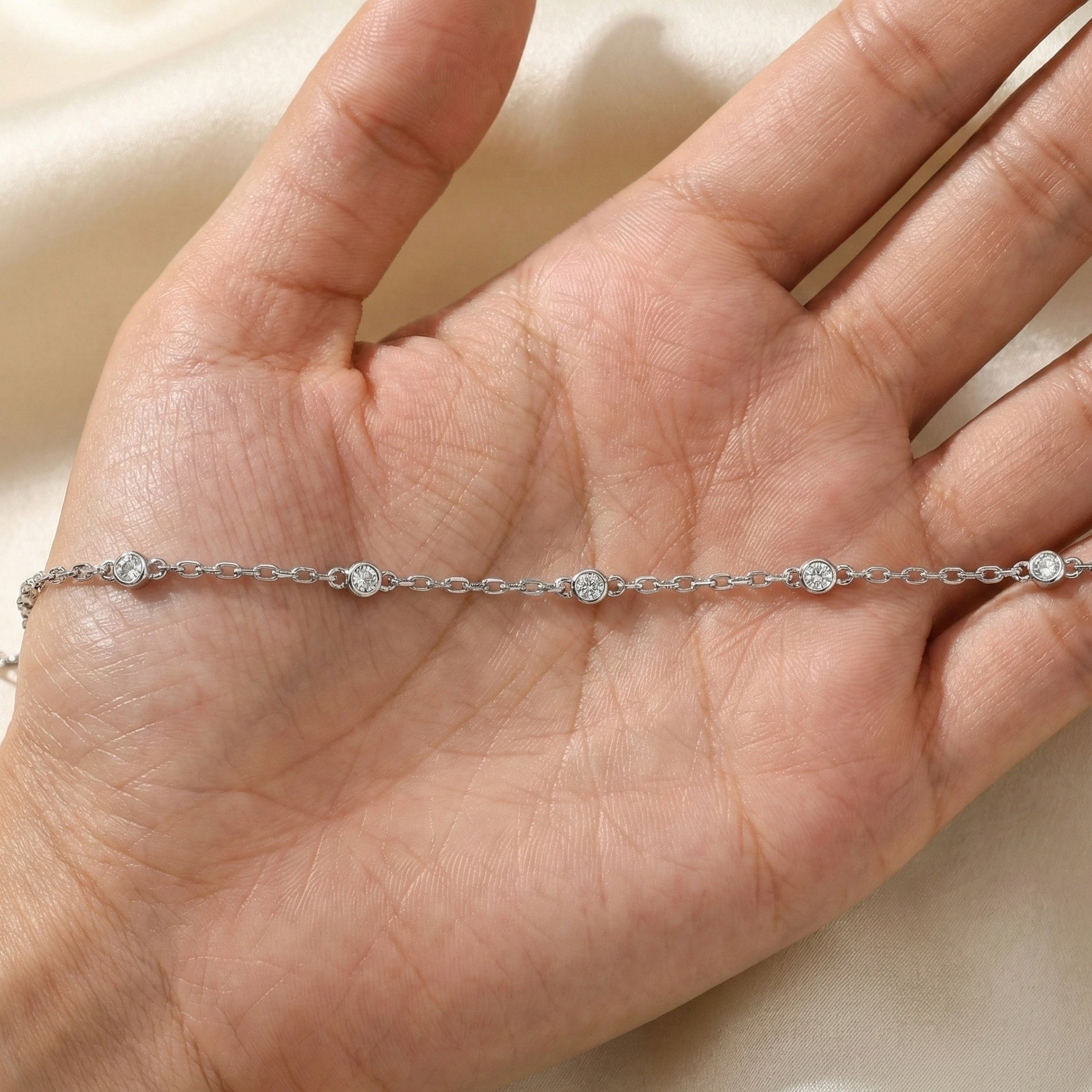 Minimalist Bezel Set Station Chain Bracelet in 14k Solid Gold, 0.35 TCW Round Cut Lab Grown Diamonds, Handmade Bridal Jewelry, Anniversary Gift for Her