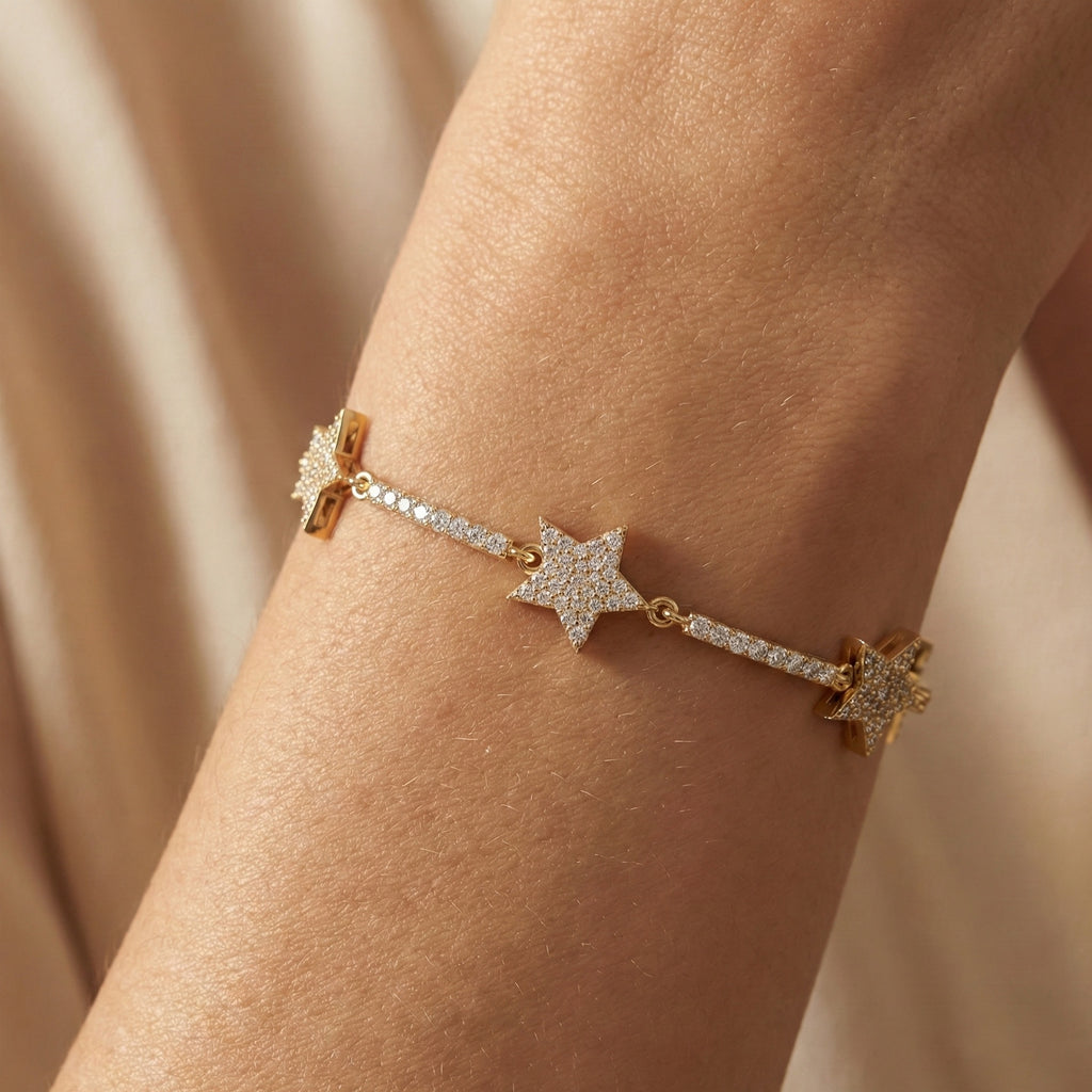 Shooting Star Pavé Link Bracelet in 14K Solid Gold, 2.19 Round Cut Lab Grown Diamonds, Statement Bracelet, Gift for Her