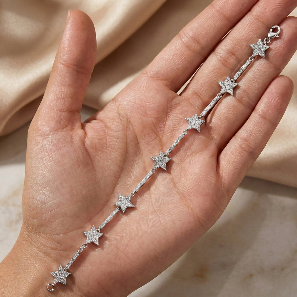 Shooting Star Pavé Link Bracelet in 14K Solid Gold, 2.19 Round Cut Lab Grown Diamonds, Statement Bracelet, Gift for Her