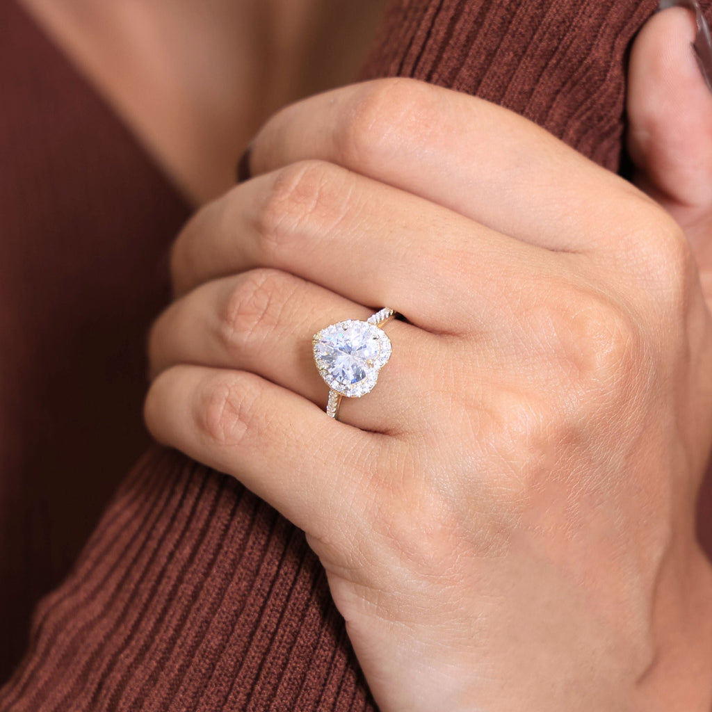 Classic Heart Halo Cathedral Pavé Band Engagement Ring in Lab Grown Diamond – 14k Solid Gold, Everyday Ring For Bridal