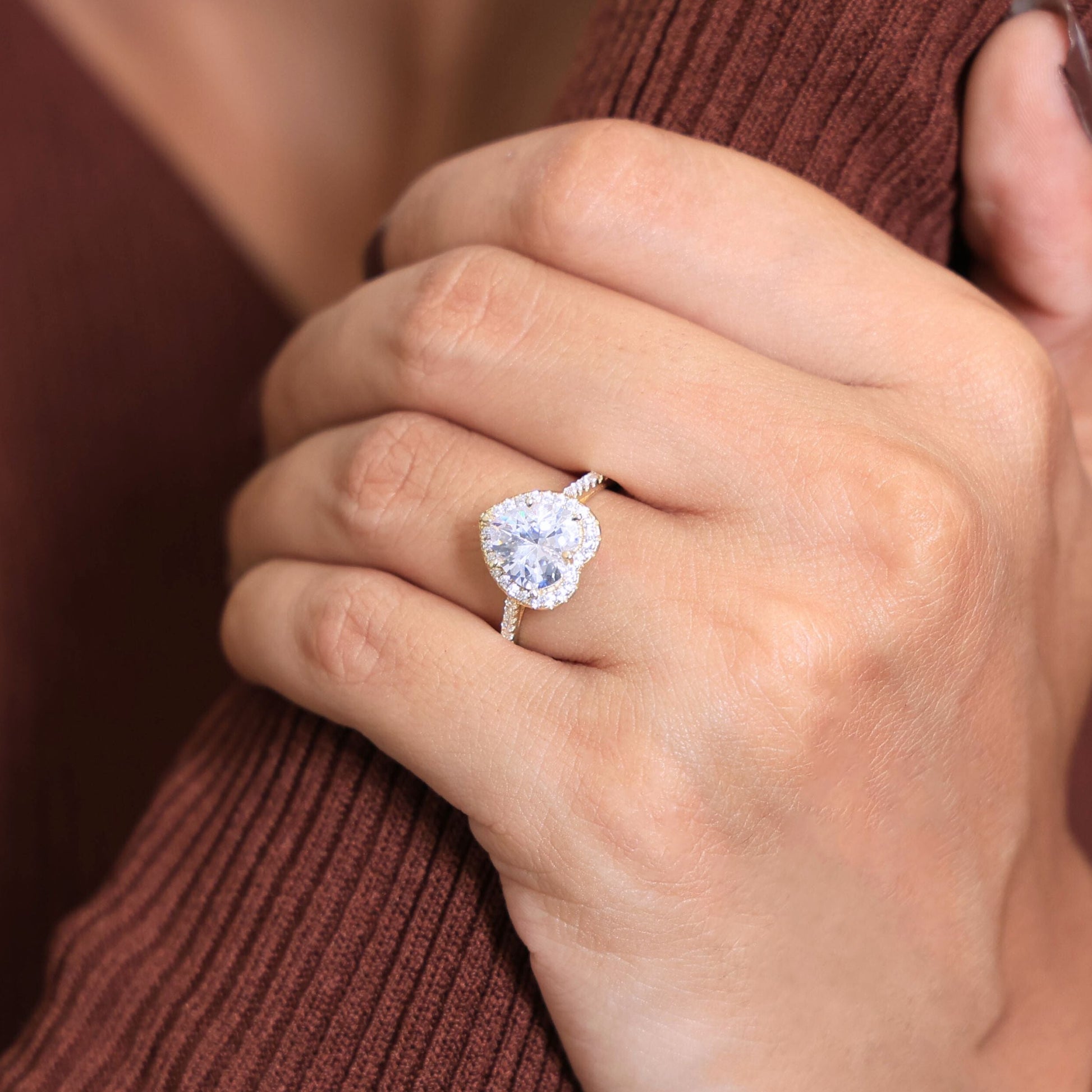 Classic Heart Halo Cathedral Pavé Band Engagement Ring in Lab Grown Diamond – 14k Solid Gold, Everyday Ring For Bridal