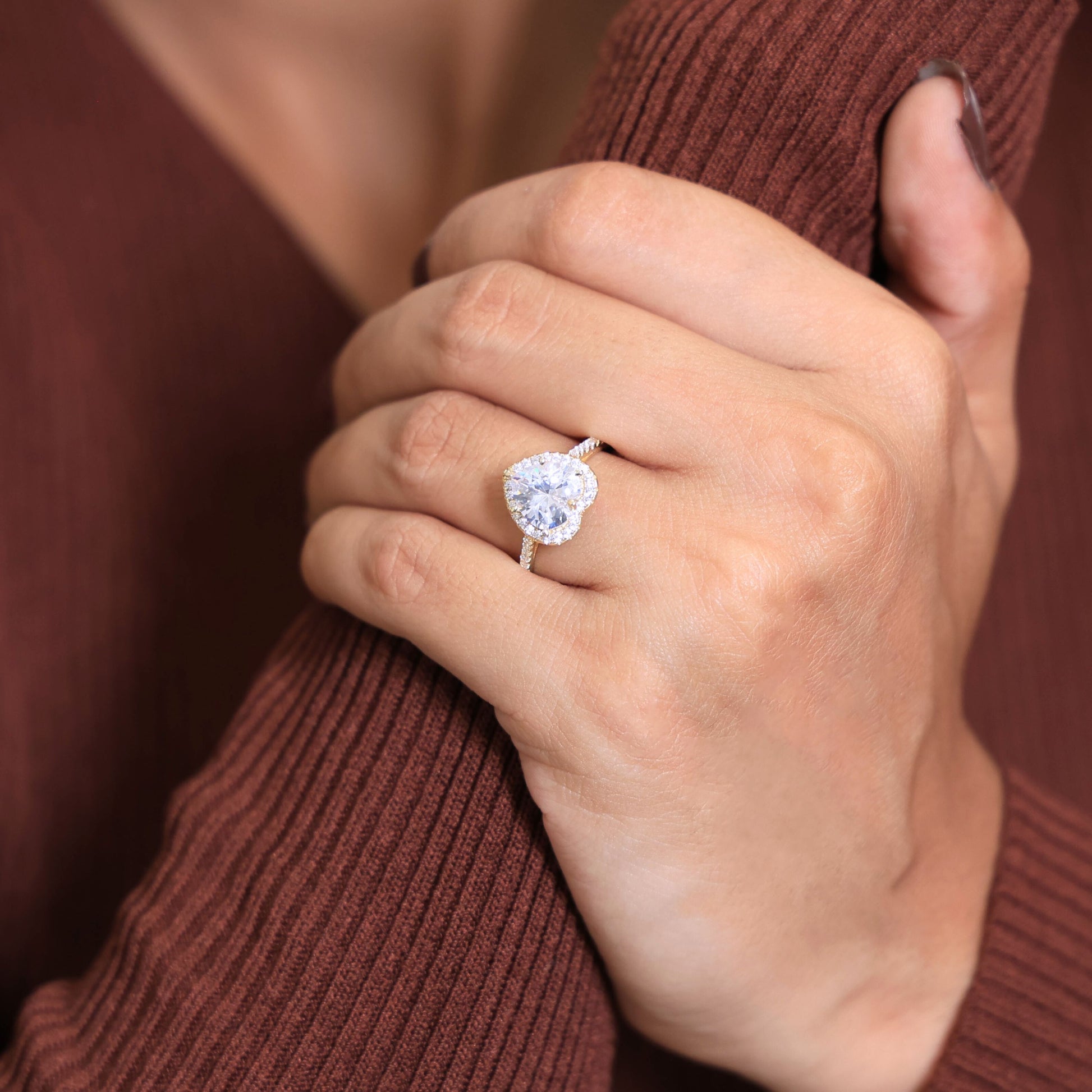 Classic Heart Halo Cathedral Pavé Band Engagement Ring in Lab Grown Diamond – 14k Solid Gold, Everyday Ring For Bridal