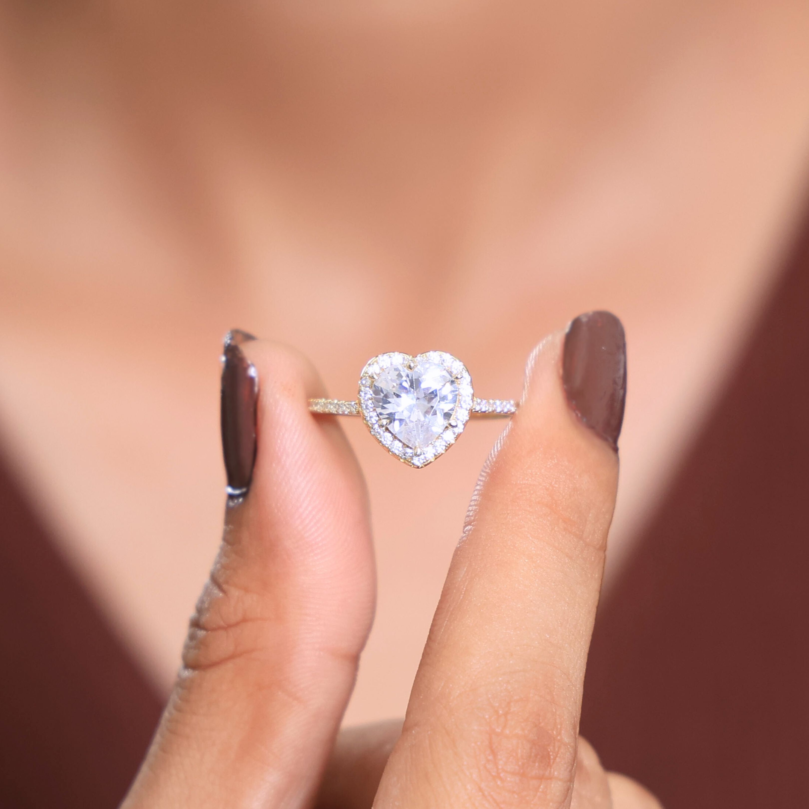 Classic Heart Halo Cathedral Pavé Band Engagement Ring in Lab Grown Diamond – 14k Solid Gold, Everyday Ring For Bridal