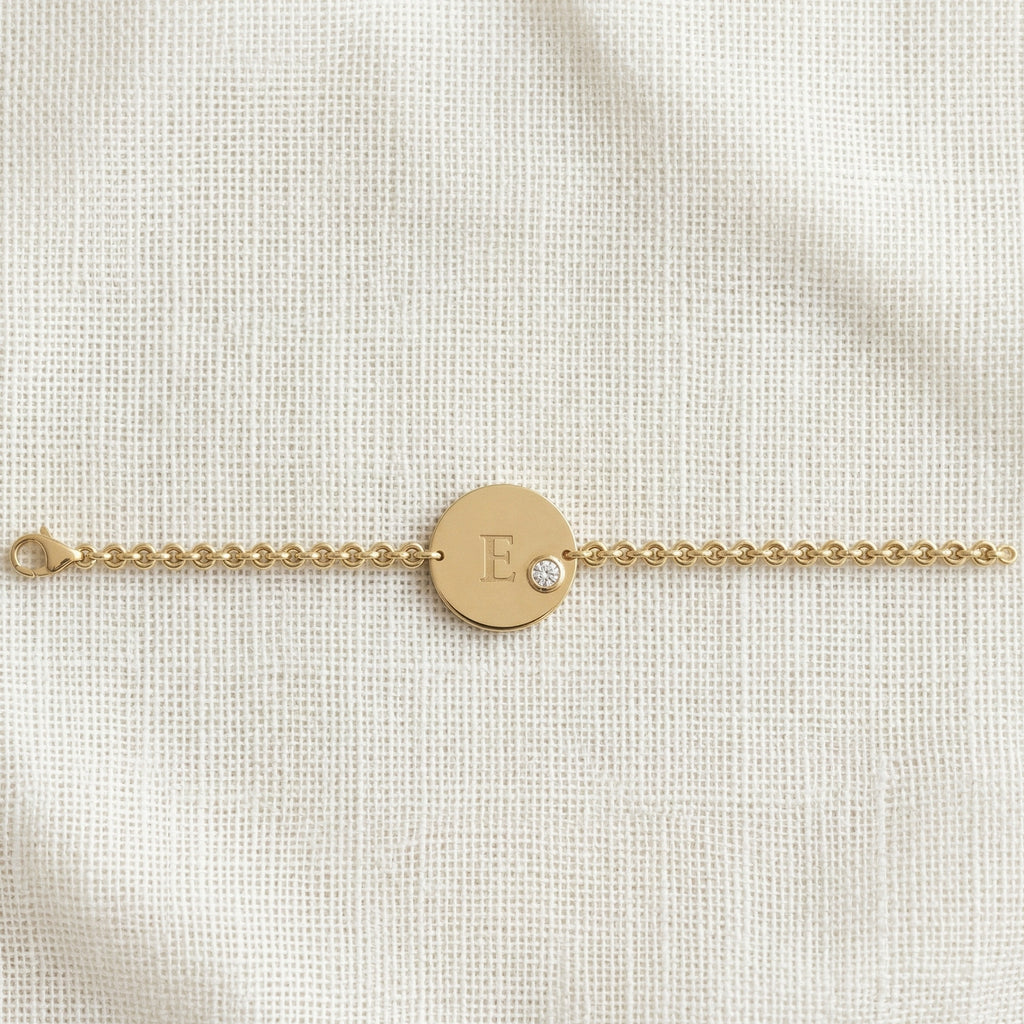 Personalized Alphabet Circle Disc Chain Bracelet, 14k Gold Monogram Initial Bracelet, Dainty Minimalist Jewelry, Wedding Gift for Her