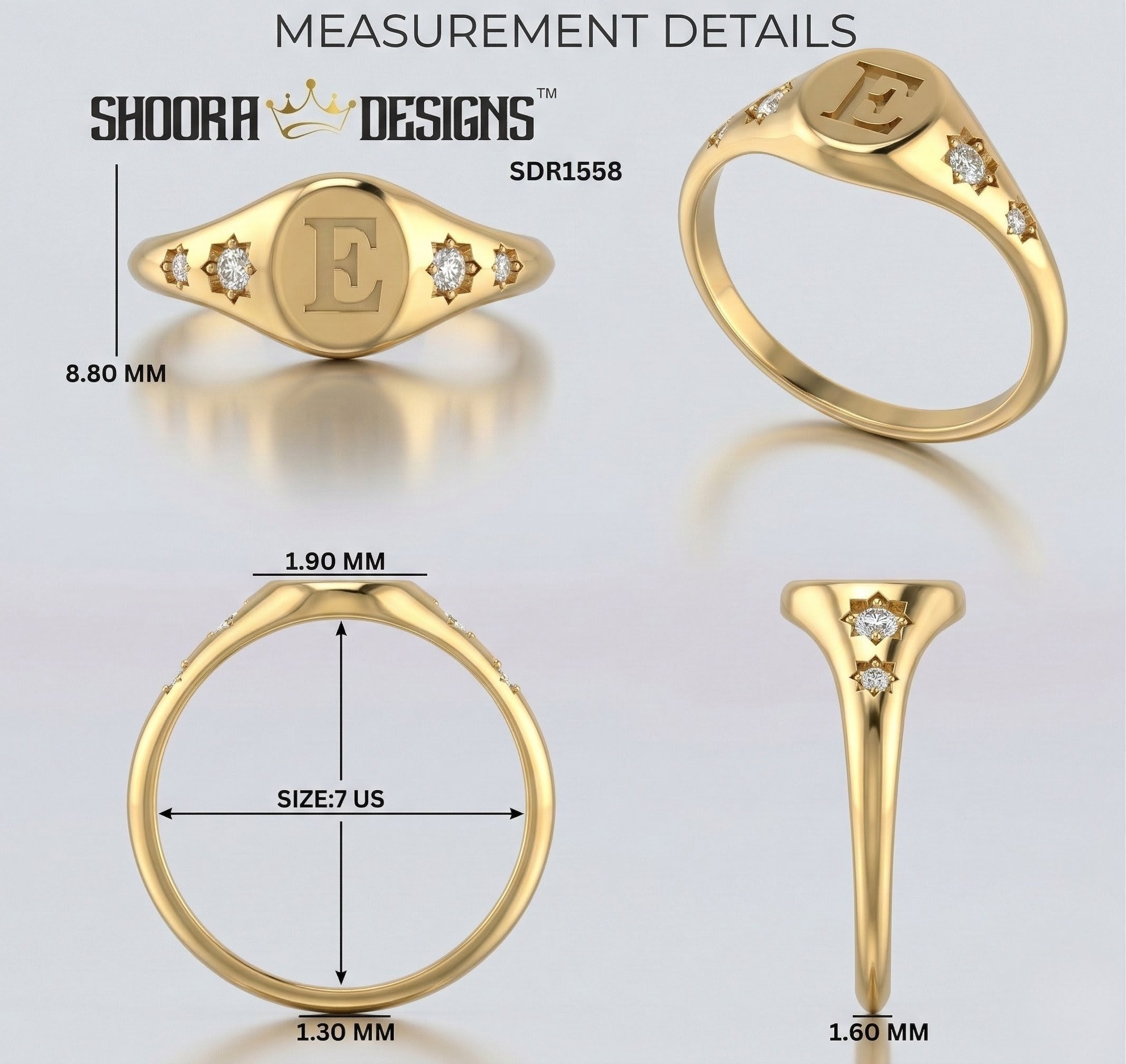 Chunky Gold Initial Signet Ring with Star Set Lab Diamonds, Modern Personalized Letter Ring, Custom Monogram Jewelry, Wedding Gift for Women