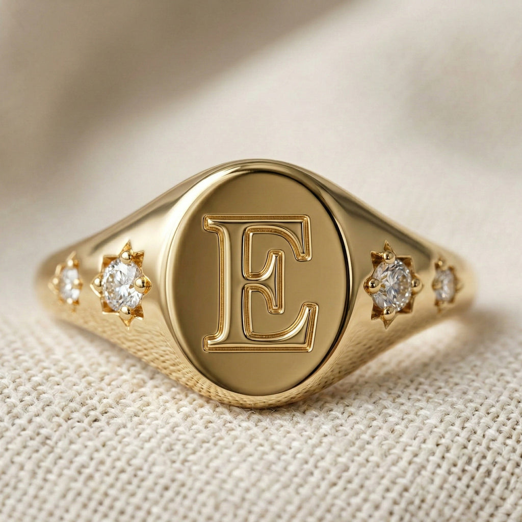 Chunky Gold Initial Signet Ring with Star Set Lab Diamonds, Modern Personalized Letter Ring, Custom Monogram Jewelry, Wedding Gift for Women