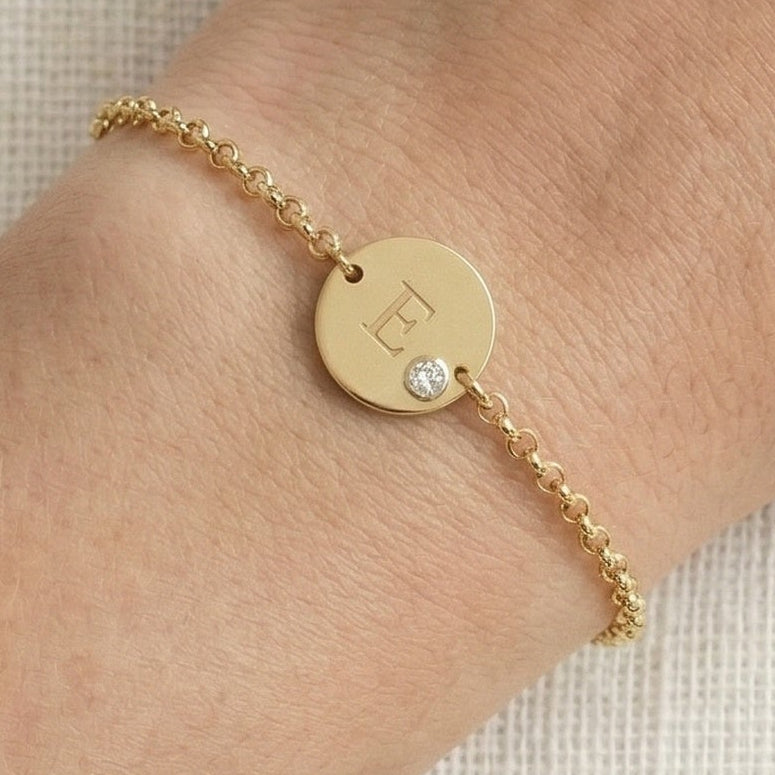Personalized Alphabet Circle Disc Chain Bracelet, 14k Gold Monogram Initial Bracelet, Dainty Minimalist Jewelry, Wedding Gift for Her