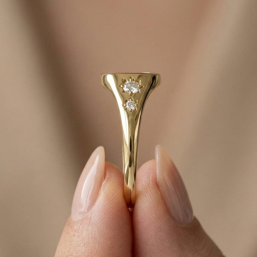 Chunky Gold Initial Signet Ring with Star Set Lab Diamonds, Modern Personalized Letter Ring, Custom Monogram Jewelry, Wedding Gift for Women