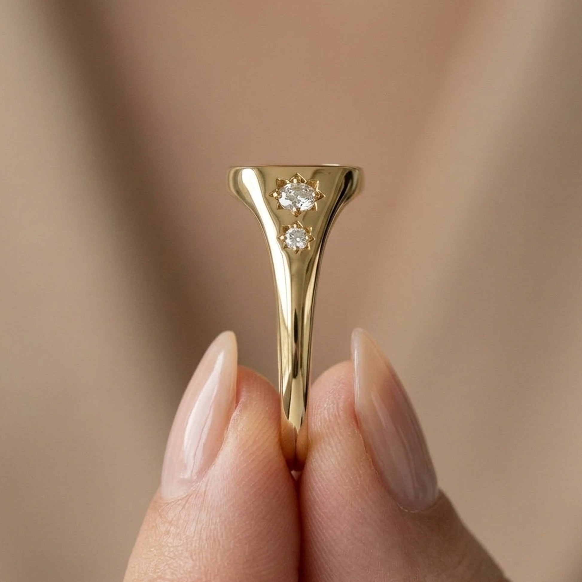 Chunky Gold Initial Signet Ring with Star Set Lab Diamonds, Modern Personalized Letter Ring, Custom Monogram Jewelry, Wedding Gift for Women