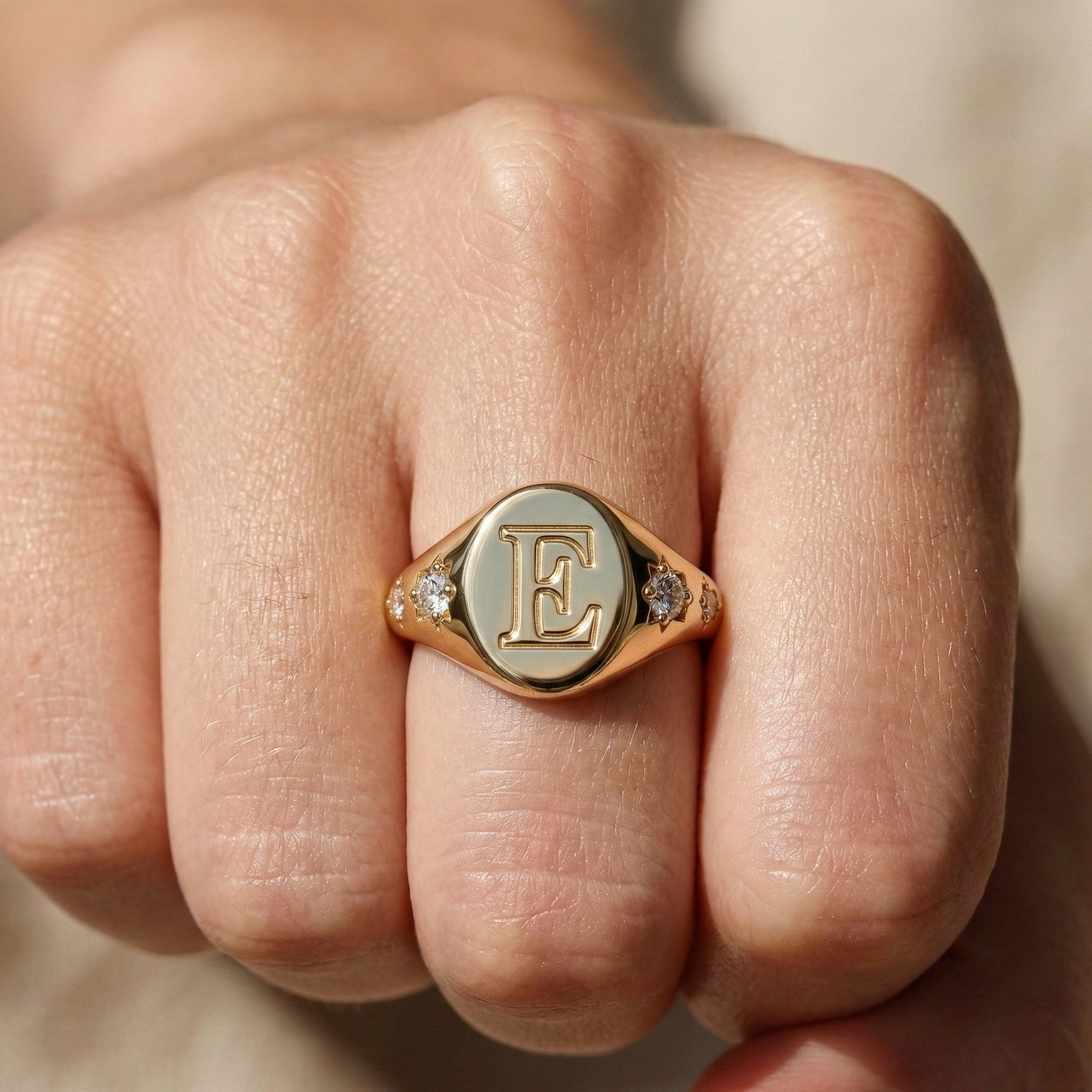 Chunky Gold Initial Signet Ring with Star Set Lab Diamonds, Modern Personalized Letter Ring, Custom Monogram Jewelry, Wedding Gift for Women