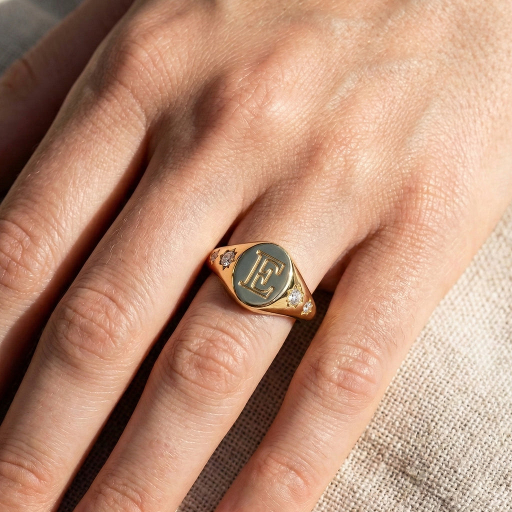 Chunky Gold Initial Signet Ring with Star Set Lab Diamonds, Modern Personalized Letter Ring, Custom Monogram Jewelry, Wedding Gift for Women