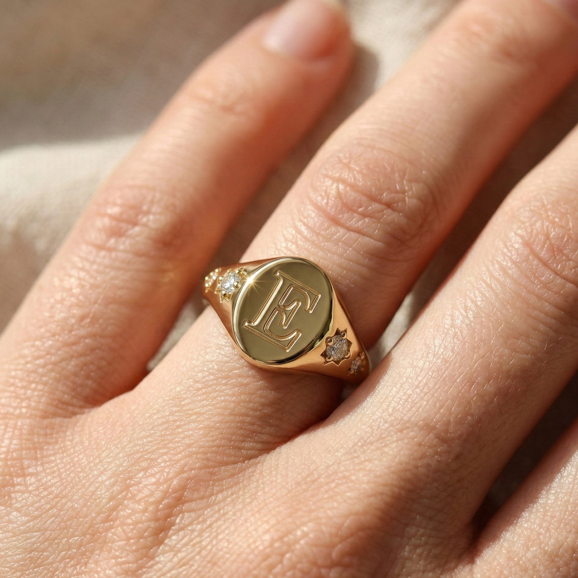 Chunky Gold Initial Signet Ring with Star Set Lab Diamonds, Modern Personalized Letter Ring, Custom Monogram Jewelry, Wedding Gift for Women