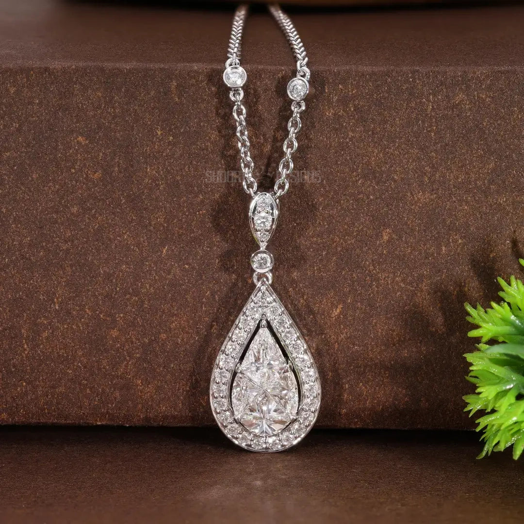 Elegant Teardrop Illusion Pear Halo Wedding Pendant in Natural Diamond – 14k Solid Gold, Everyday Pendant Gift for Wife, Handmade Jewelry
