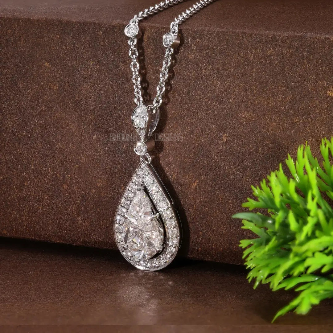 Elegant Teardrop Illusion Pear Halo Wedding Pendant in Natural Diamond – 14k Solid Gold, Everyday Pendant Gift for Wife, Handmade Jewelry