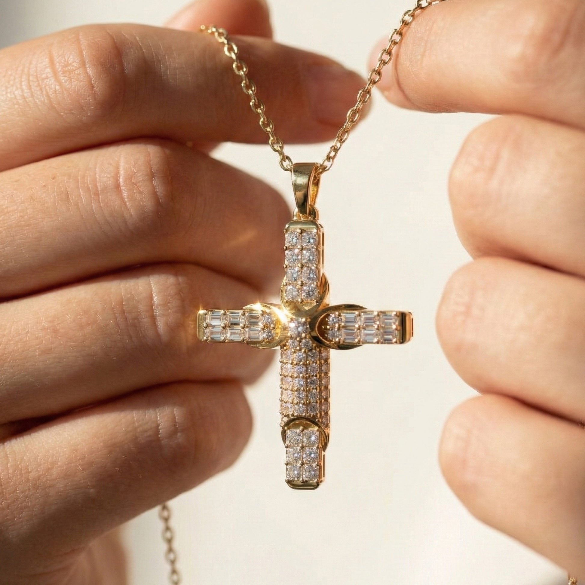 Chic Baguette Pavé Halo Cross Pendant in Solid 14k Gold, 1.27 TCW Princess/Baguette/Round  Cut, Fashion Jewelry Gift