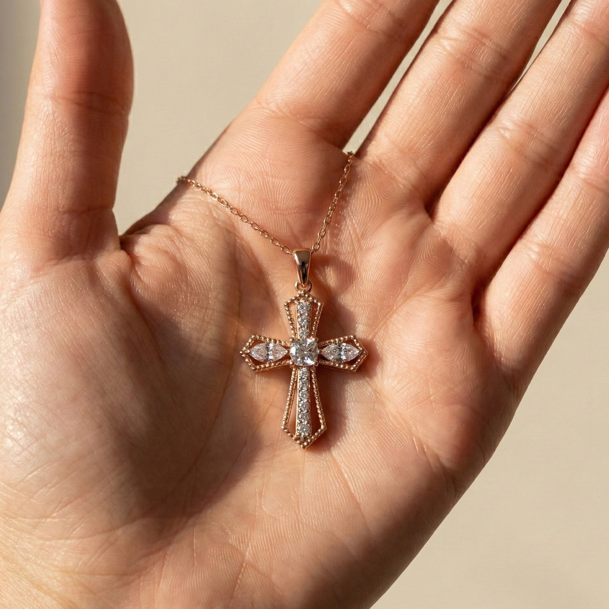 Elegant Milgrain Cross Pendant in 14K Solid Gold, 0.99 TCW Marquise/Round Cut Lab Created Diamonds, Faith Jewelry, Baptism Gift