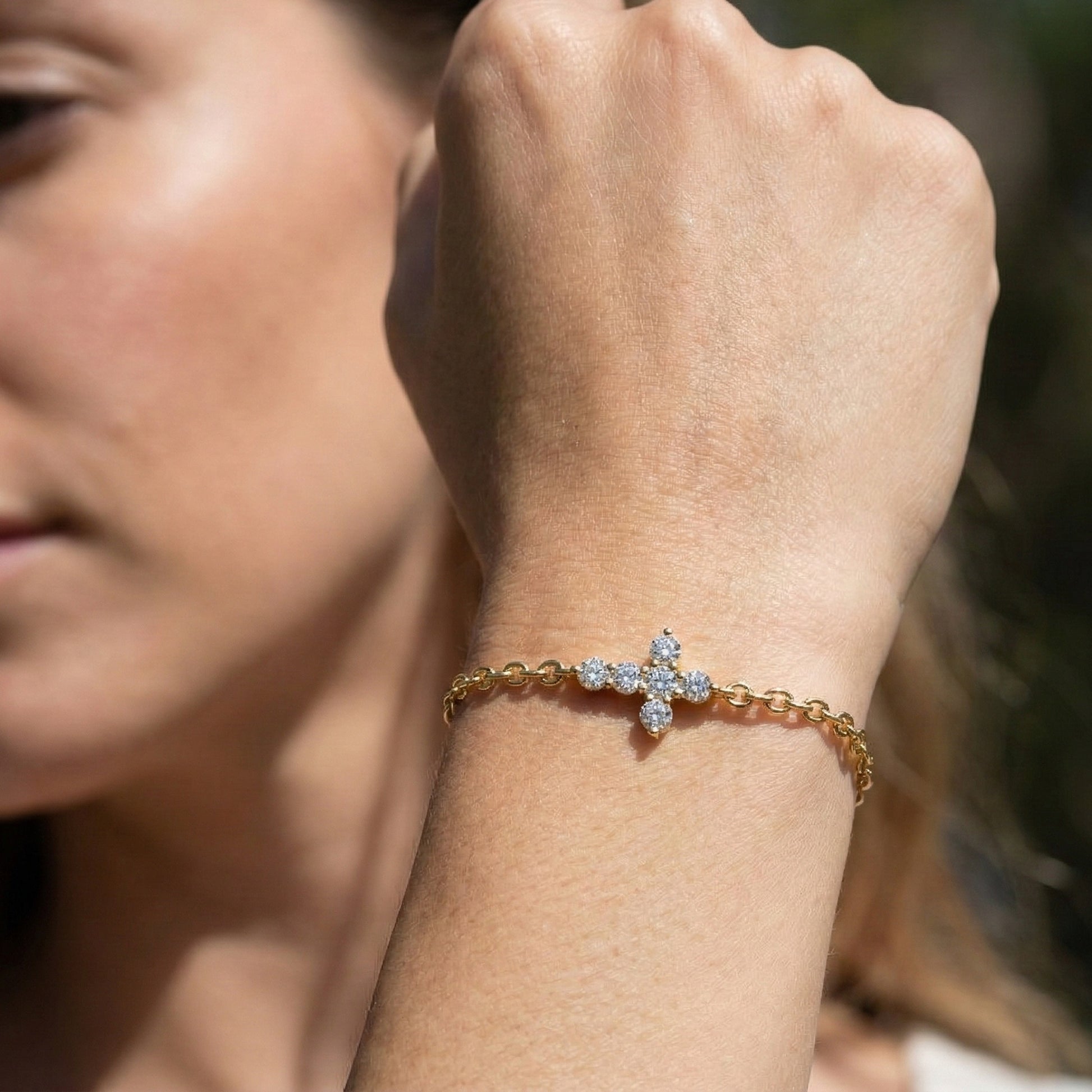 Everyday Jesus Cross Link Bracelet in 14K Solid Gold, 0.21 TCW Round Cut Lab Grown diamonds, Women's Minimal Jewelry, Gift for Her