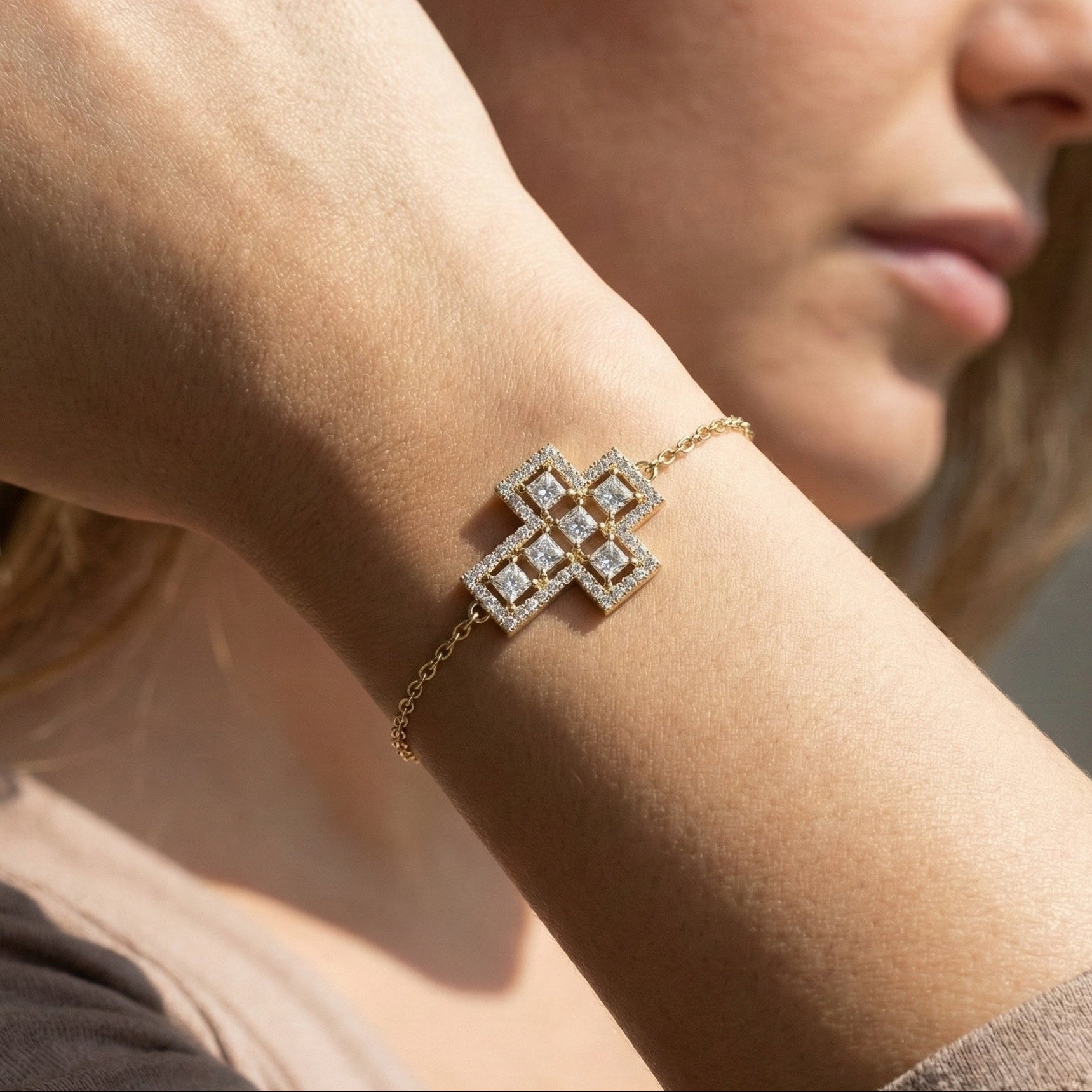 Jesus Cross Pavé Cluster Cross Chain Bracelet in 14k Solid Gold, 2.14 TCW Princess/Round Cut Lab Diamonds, Faith Gift for Her, Handmade Jewelry