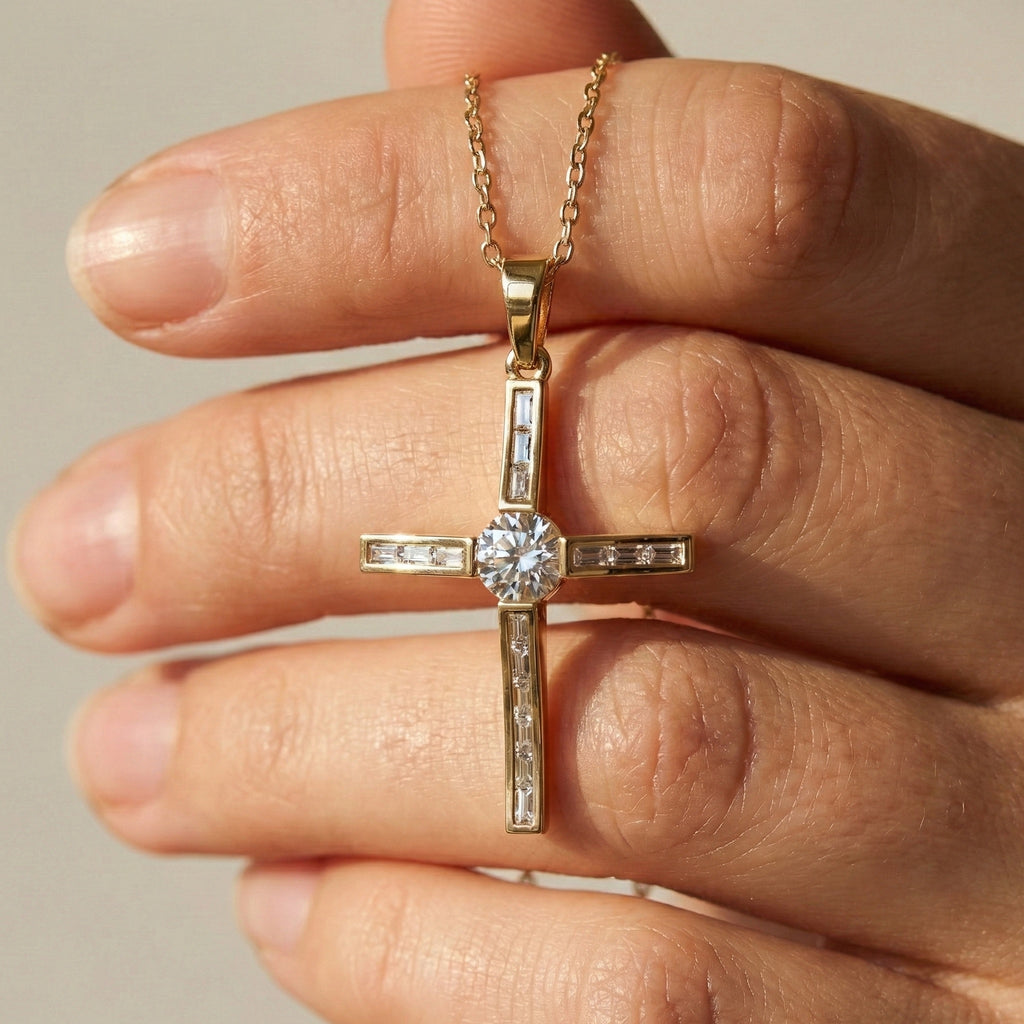 Baguette Channel Set Cross Religious Pendant in 14K Solid Gold, 0.76 TCW Baguette/Round Cut Lab Diamonds, Bridal Jewelry, Everyday Wear Pendant