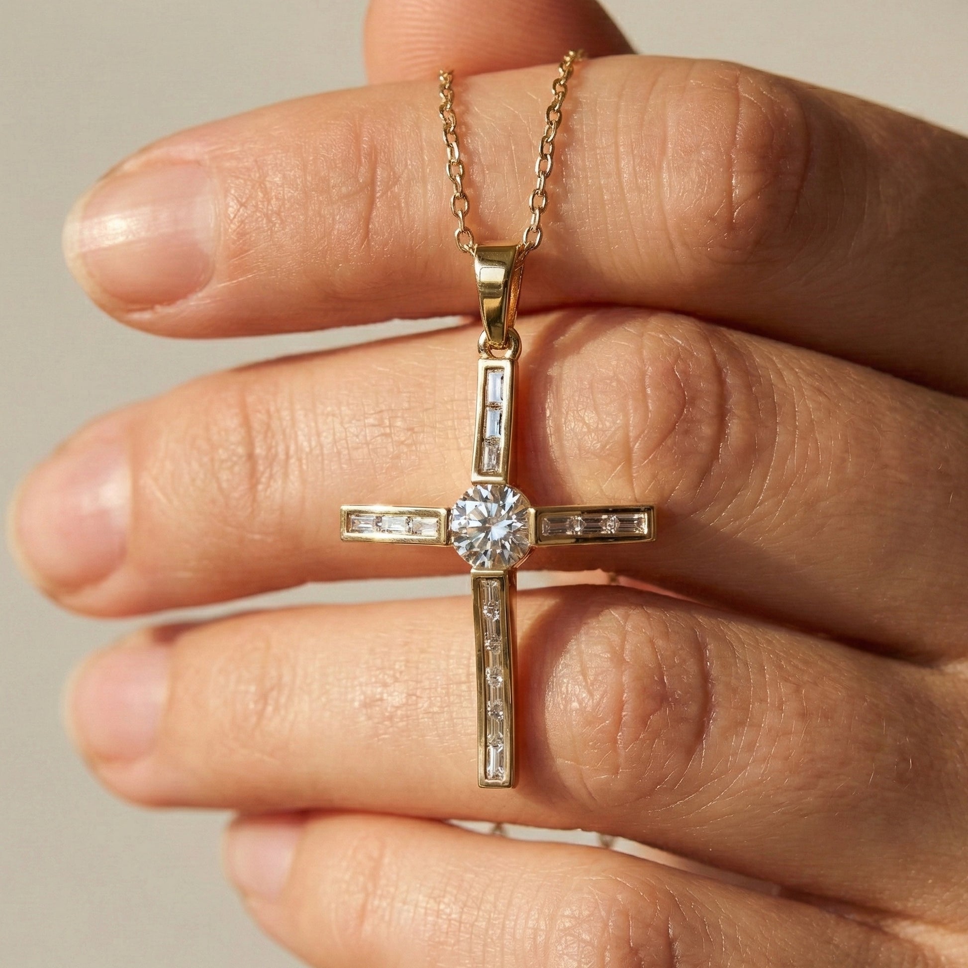 Baguette Channel Set Cross Religious Pendant in 14K Solid Gold, 0.76 TCW Baguette/Round Cut Lab Diamonds, Bridal Jewelry, Everyday Wear Pendant