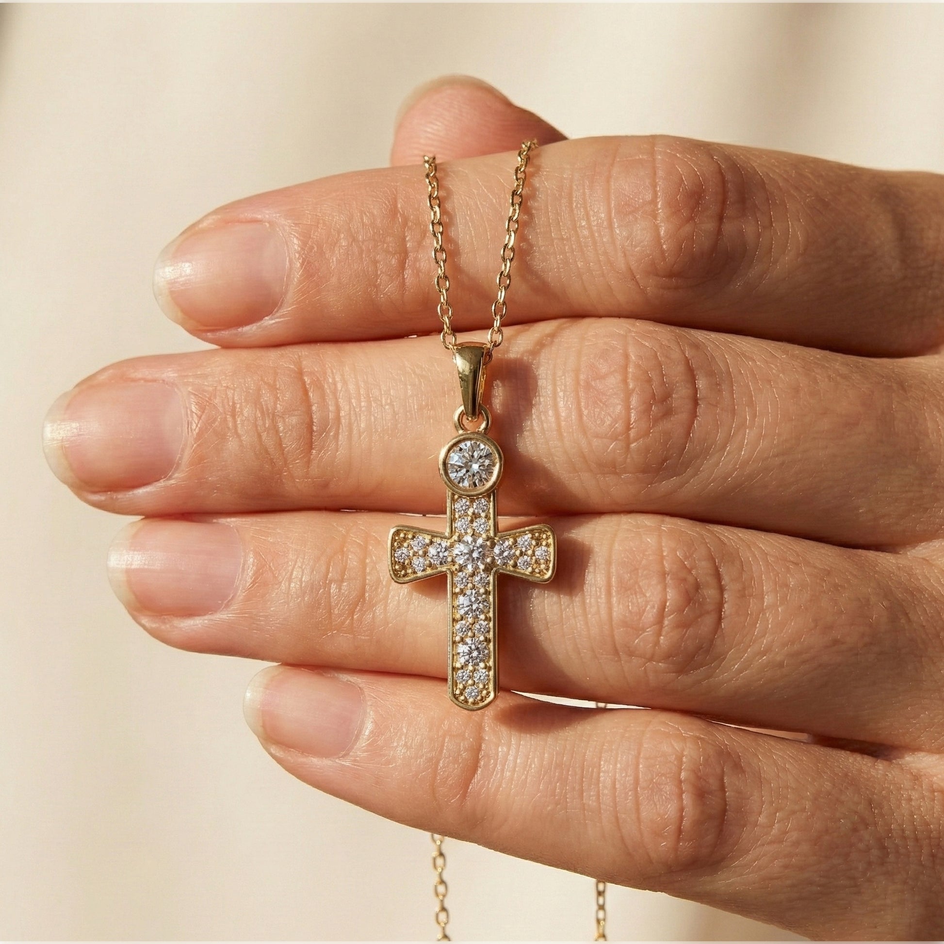 Minimalist Pavé Cross Pendant in 14K Solid Gold, 0.66 TCW Round Cut Lab Created Diamonds, Religious Gift for Her, Bridal Charm