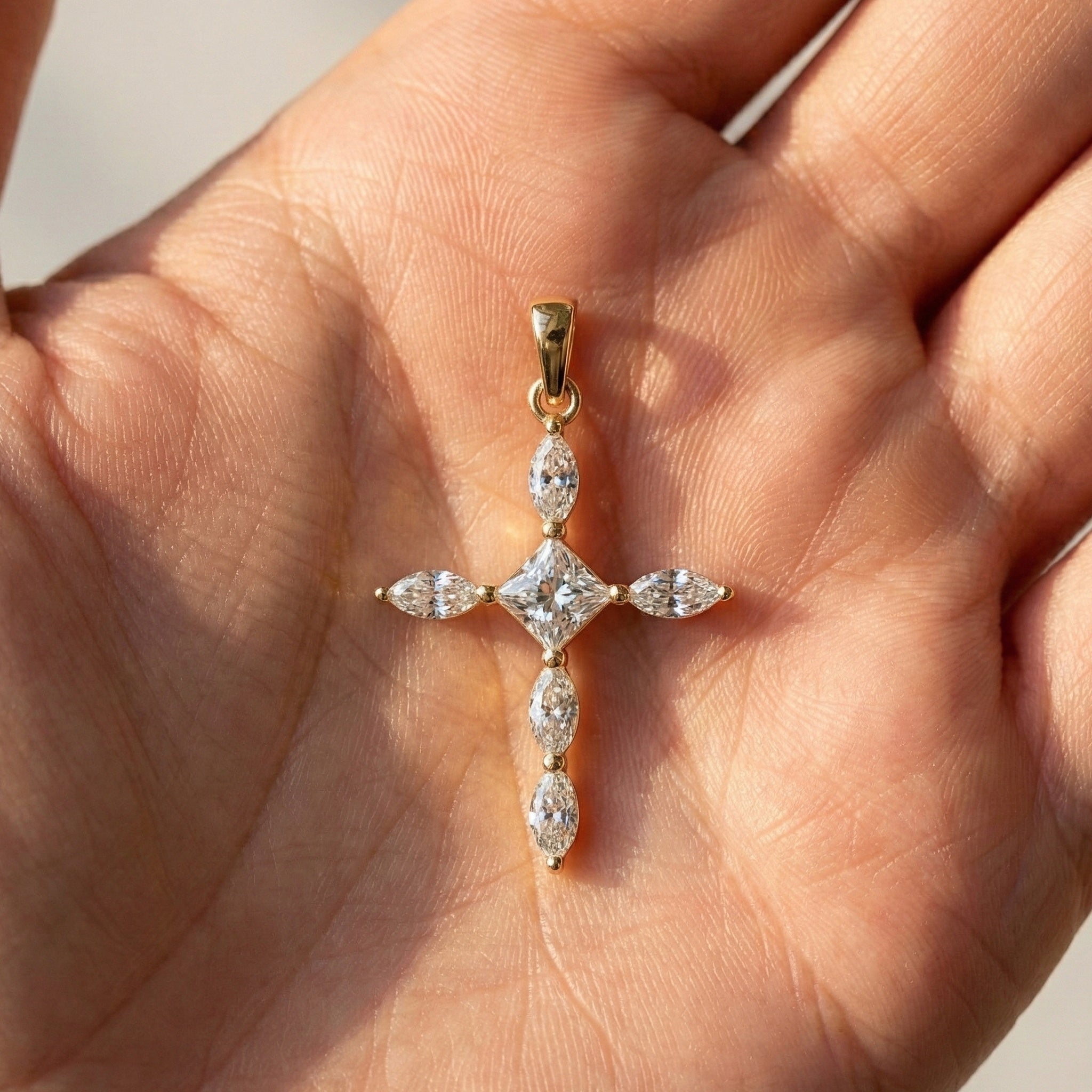Ornate Cross Pendant in 14k Solid Gold, 1.00 TCW Princess/Marquise Cut Lab Diamonds, Gift for Mom, Confirmation Jewelry