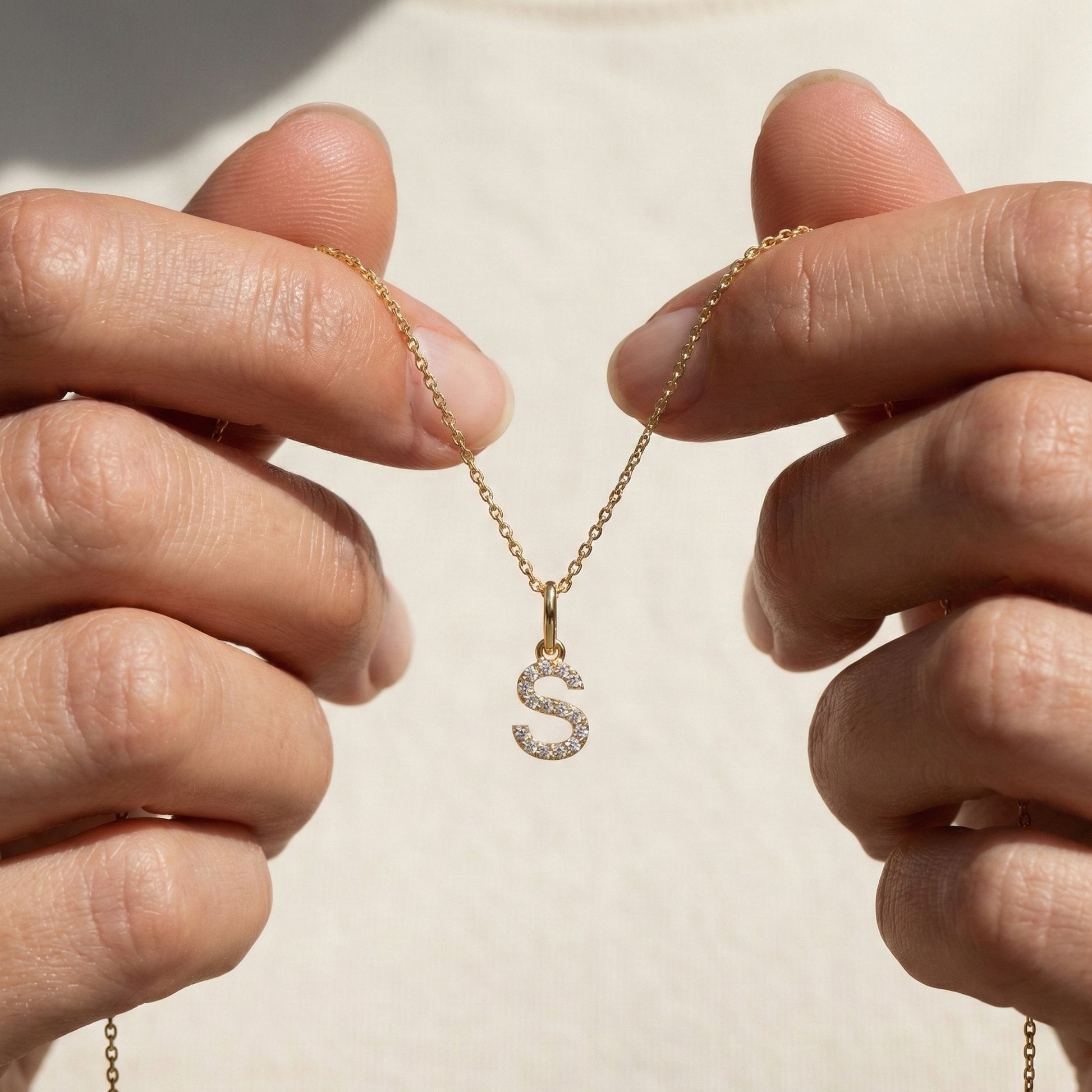 Minimal Pavé 'S' Initial Alphabet Pendant in Lab Diamond or Moissanite – 14K Solid Gold, Modern Letter Pendant, Birthday Gift for Her, Daily Wear Jewelry