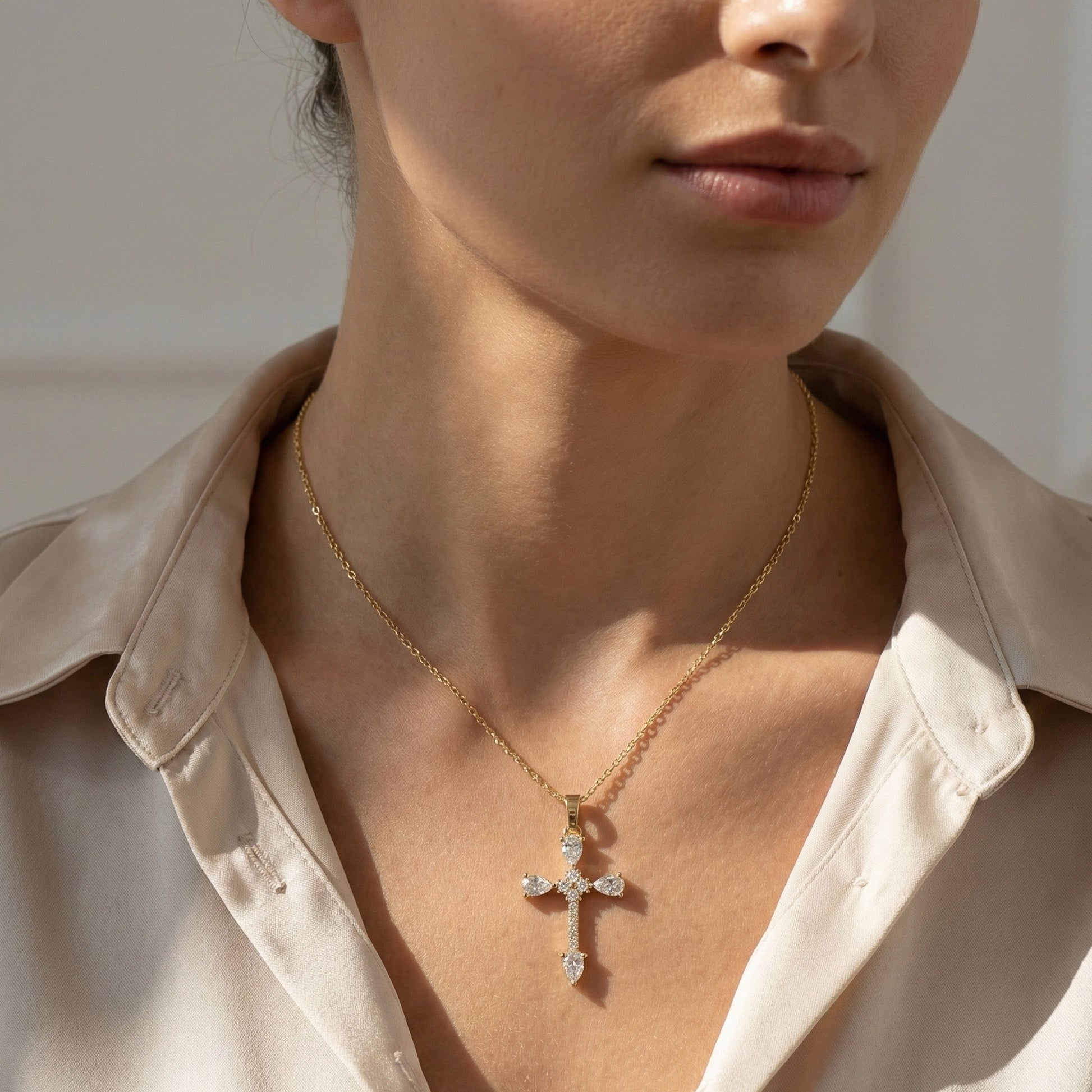 Classic Pear Cluster Cross Pendant in 14k Solid Gold, 0.75 TCW Pear/Round Cut Lab Grown Diamonds, Faith, Bridal Gift