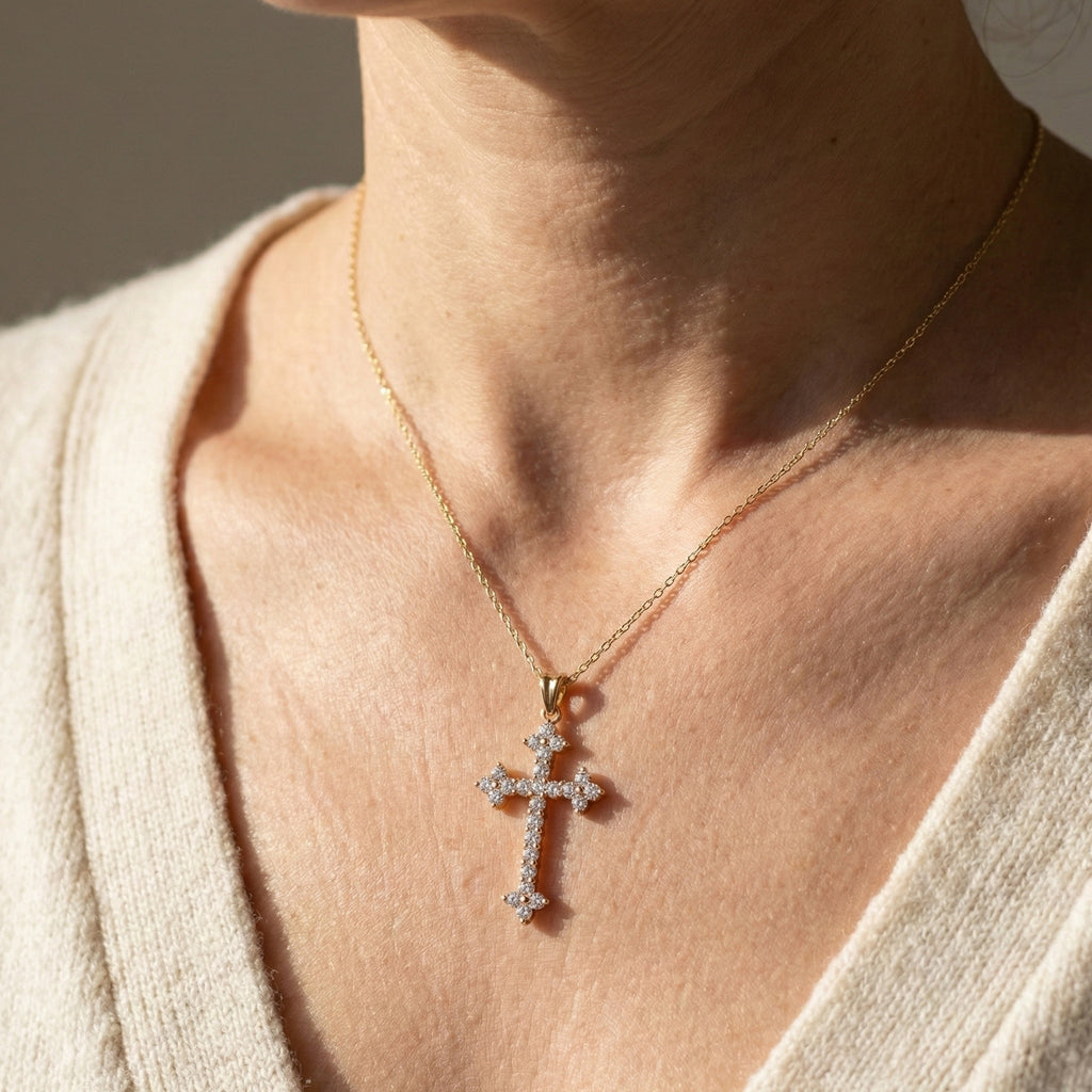 Fleur-de-Lis Tip Pavé Cross Religious Pendant in Lab Diamond 14k Solid Gold, Religious Jewelry, Wedding Gift for Her/Him
