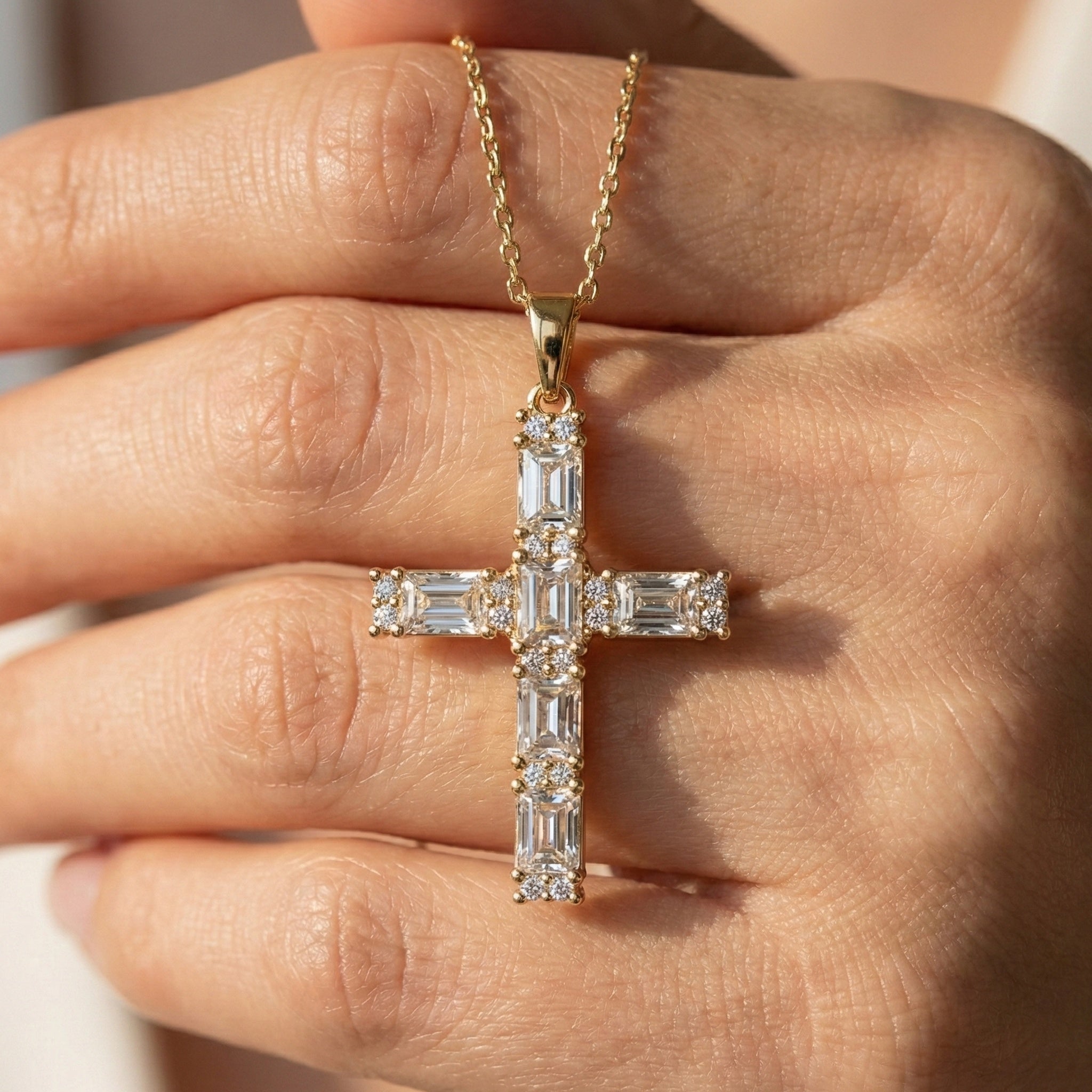 Faith Symbol Radiant Halo Cross Pendant in 14k Solid Gold, 2.18 TCW Radiant/Round Cut Lab Diamonds, Jesus Cross Gift for Women