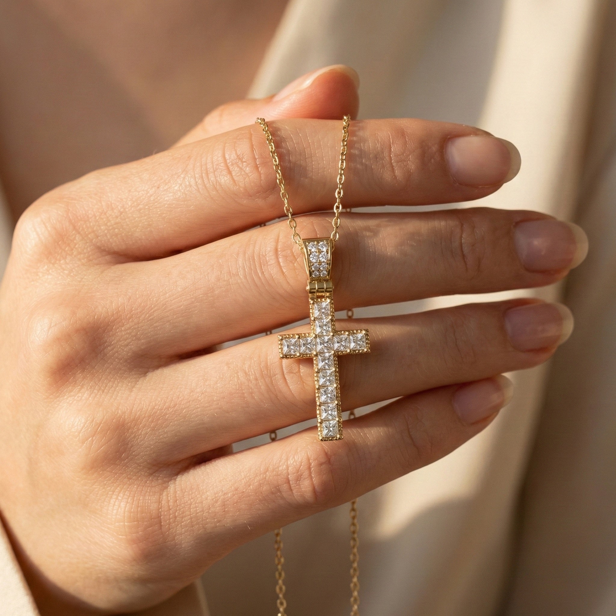 Milgrain Princess Cut Cross Pavé Bail Diamond Charm Pendant in Lab Grown Diamond – 14k Solid Gold, Wedding Gift for Her/Him