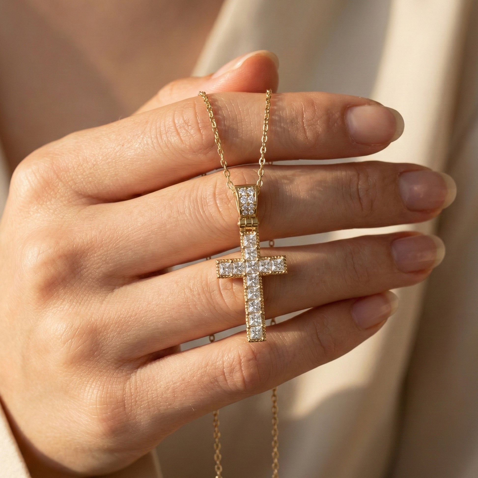 Milgrain Princess Cut Cross Pavé Bail Diamond Charm Pendant in Lab Grown Diamond – 14k Solid Gold, Wedding Gift for Her/Him