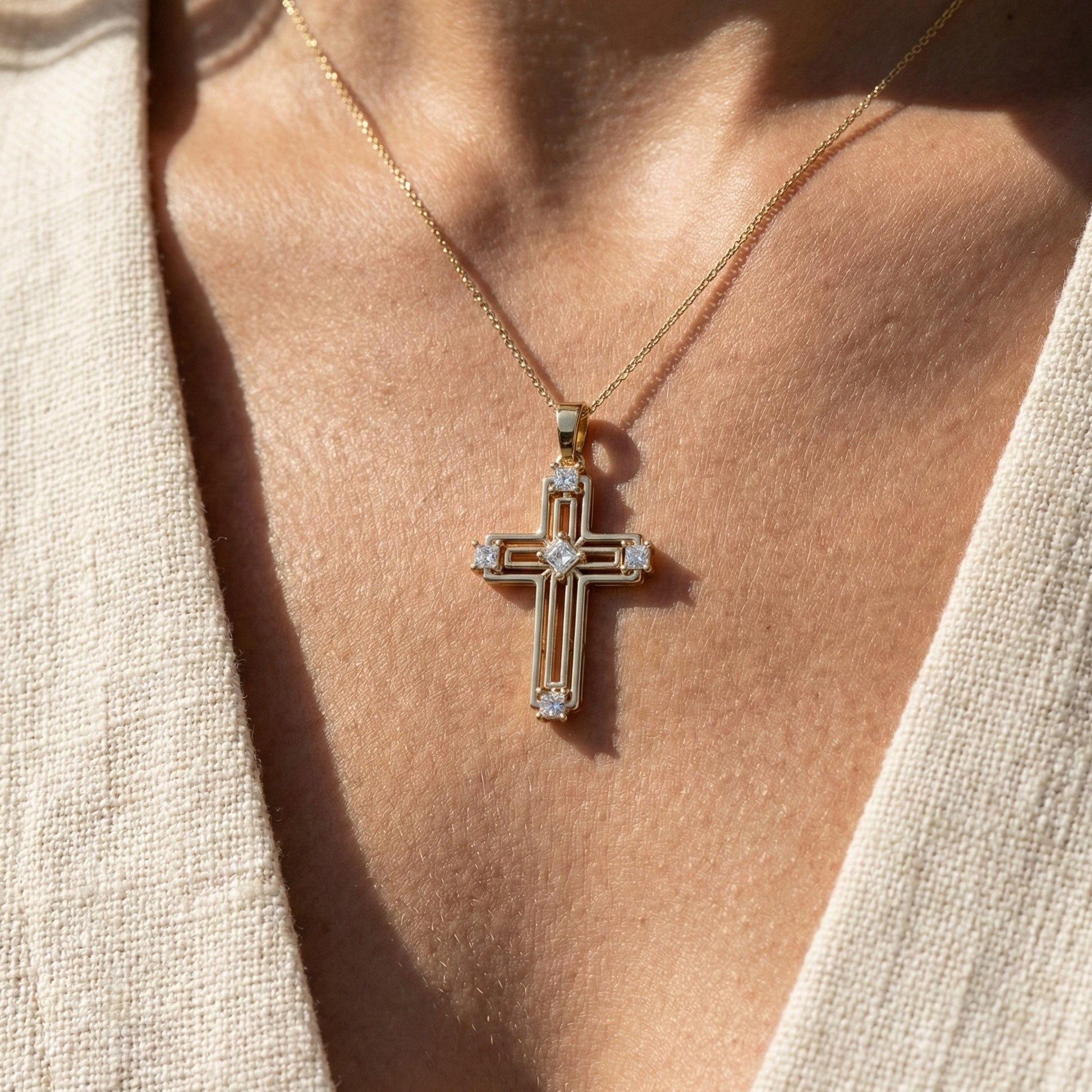 Elegant Layered Cross Pendant in 14K Solid Gold, 0.32 TCW Princess Cut Lab Grown Diamonds, Gift for Mom, Baptism, Bridal Jewelry