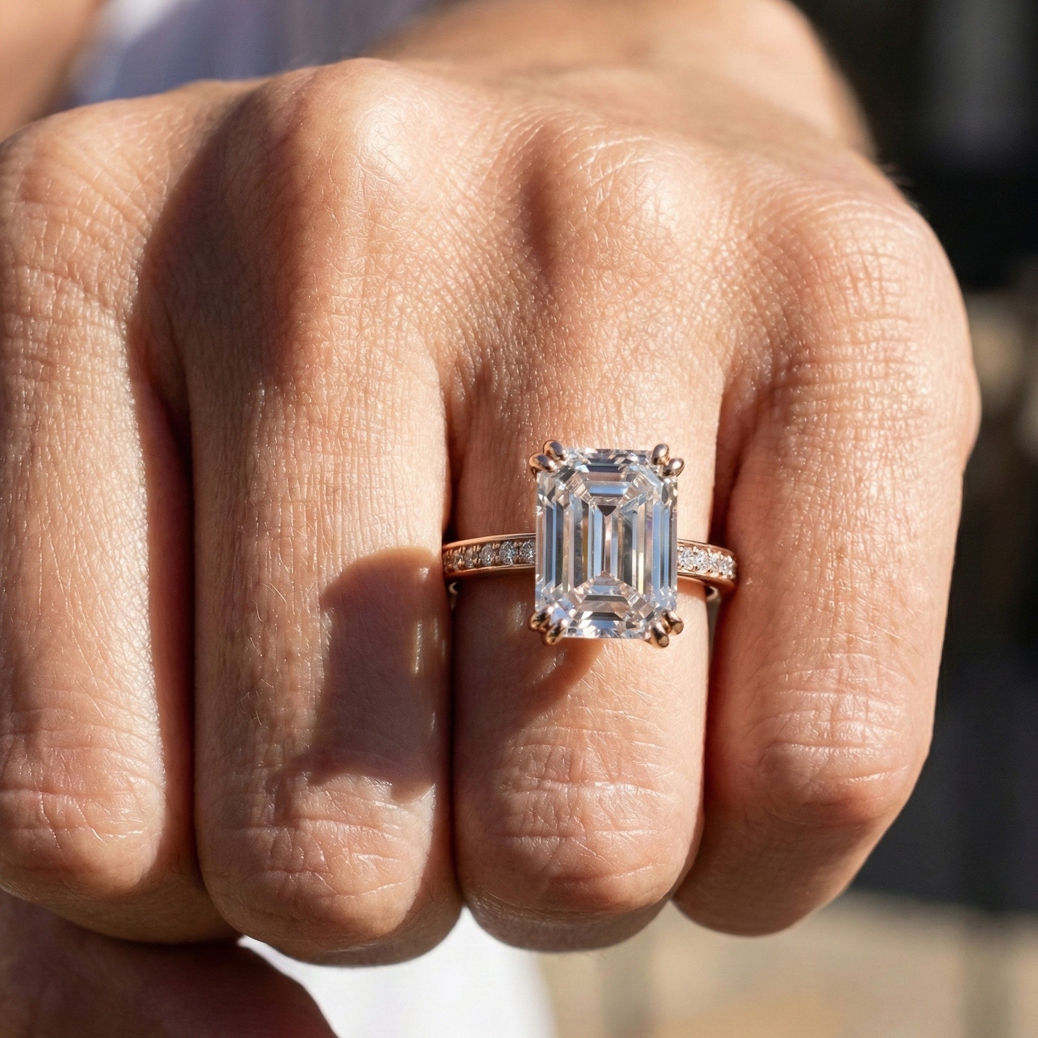 14K Yellow Gold Emerald Cut Lab Diamond Pave Engagement Ring, Handmade Wedding Ring, Trending Bridal Jewelry for Wife