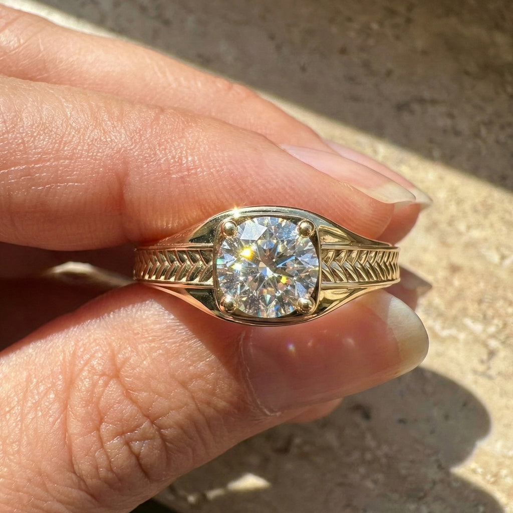 Vintage Scroll Solitaire Ring with Leaf Band Engagement Ring in 14k Solid Gold, 0.50 CT Round Cut Lab Grown Diamond, Handmade Bridal Jewelry