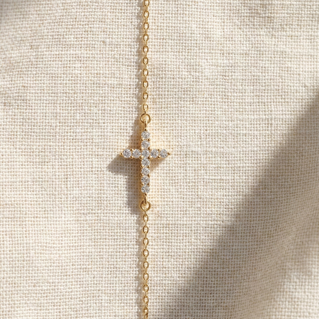 Delicate Round Cross Chain Bracelet in 14K Solid Gold, 0.38 TCW Round Cut Lab Brown Diamonds, Everyday Bracelet, Wedding Gift for Her