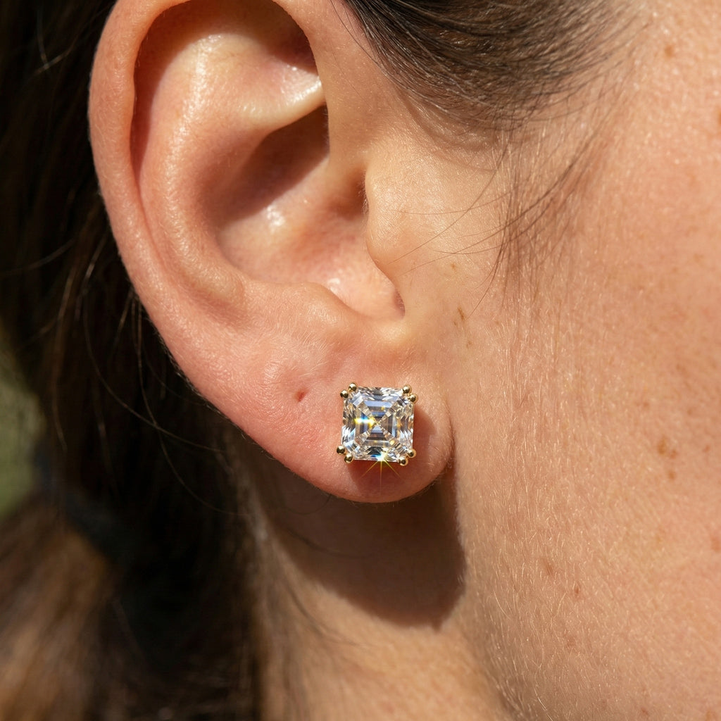 Double Prong Solitaire Minimalist Stud Earrings in 14k Solid Gold, 2.50 TCW Asscher Cut Lab Grown Diamonds, Gift for Wife, Handmade Bridal Jewelry