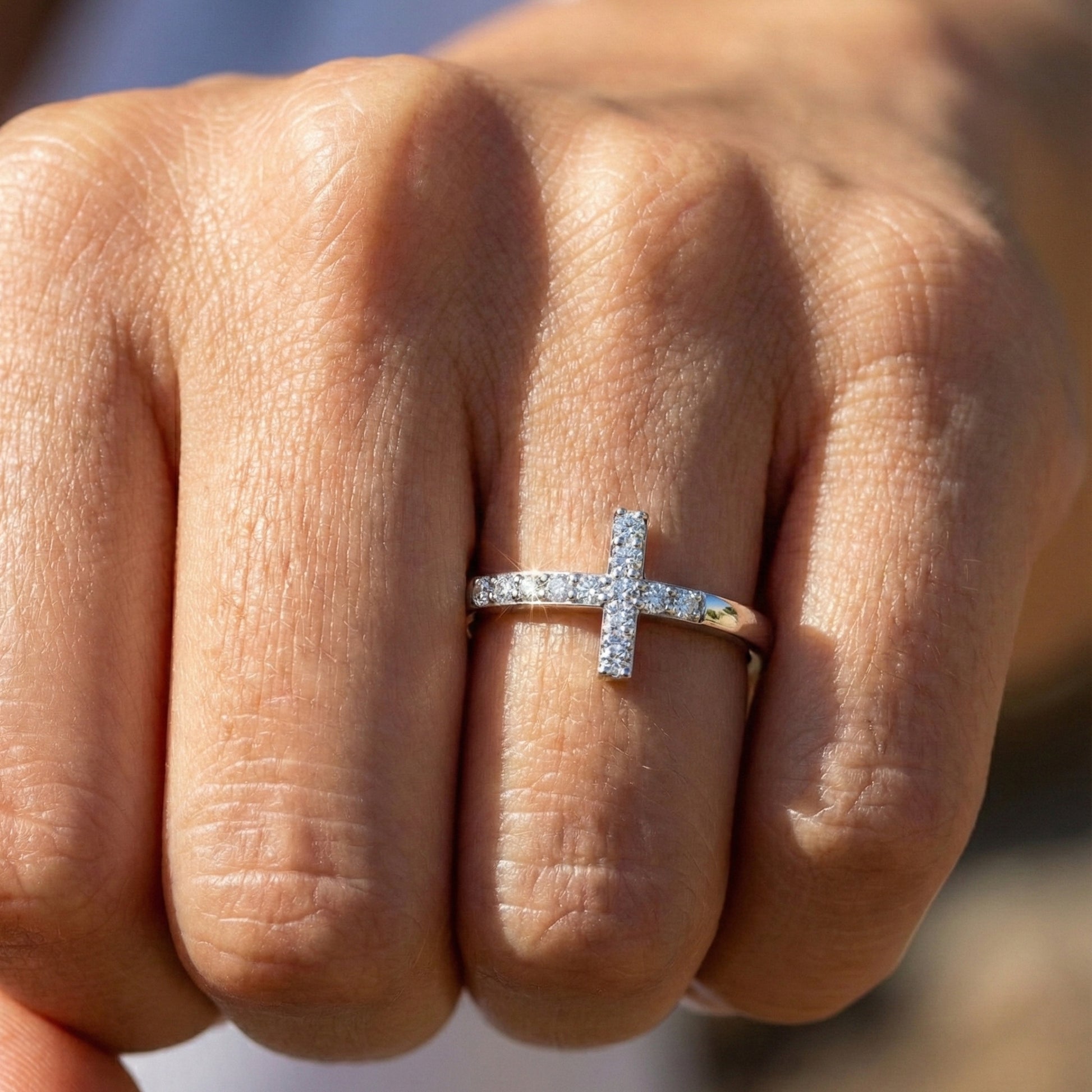 Classic Pavé Cross Promise Ring in Lab Grown Diamond – 14K Solid Gold, Minimalist Religious Ring, Everyday Jewelry Gift