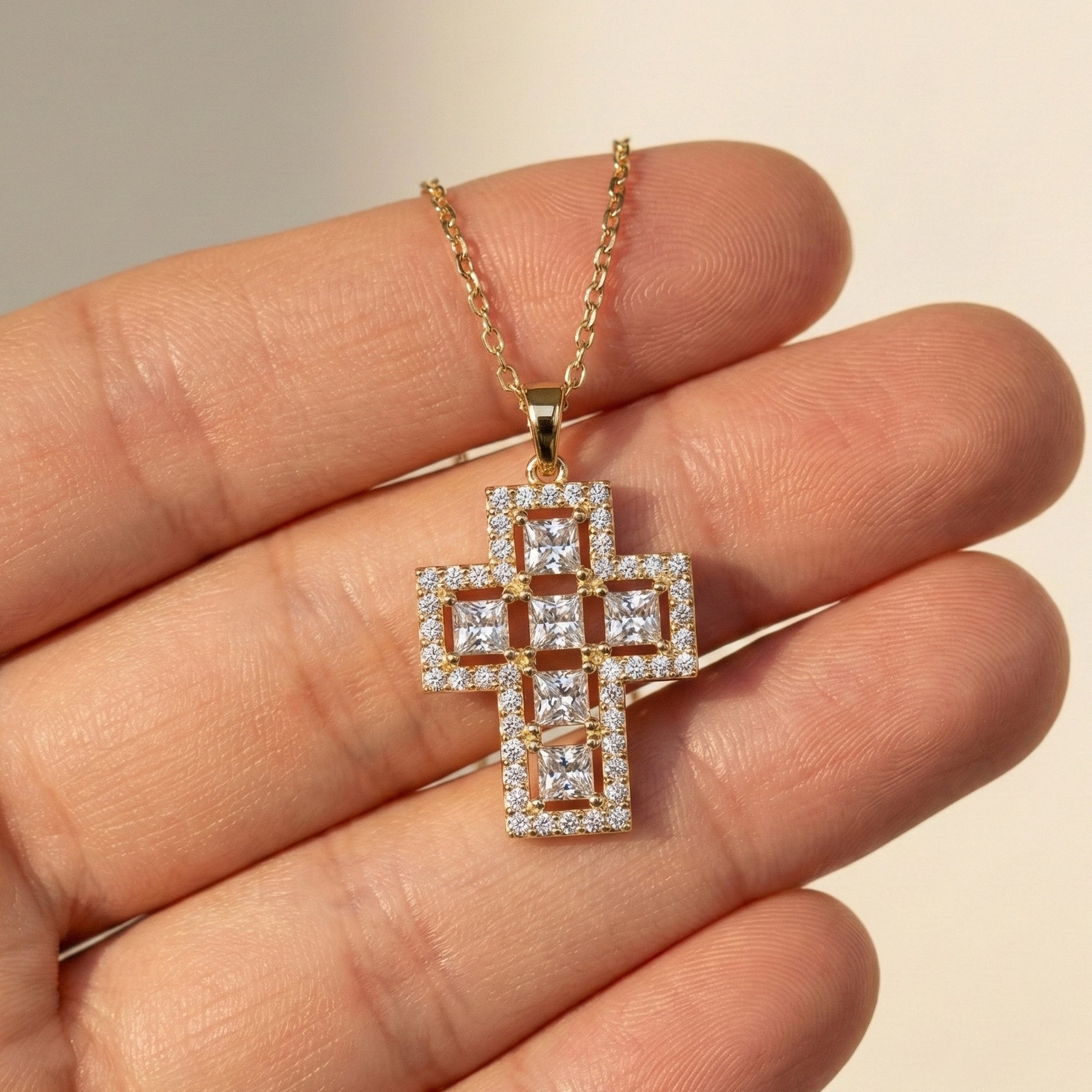 Elegant Halo Open Cross Pendant in 14k Solid Gold 2.14 TCW Round/Princess Cut Lab Diamonds, Unique Gift for Her, Religious Jewelry