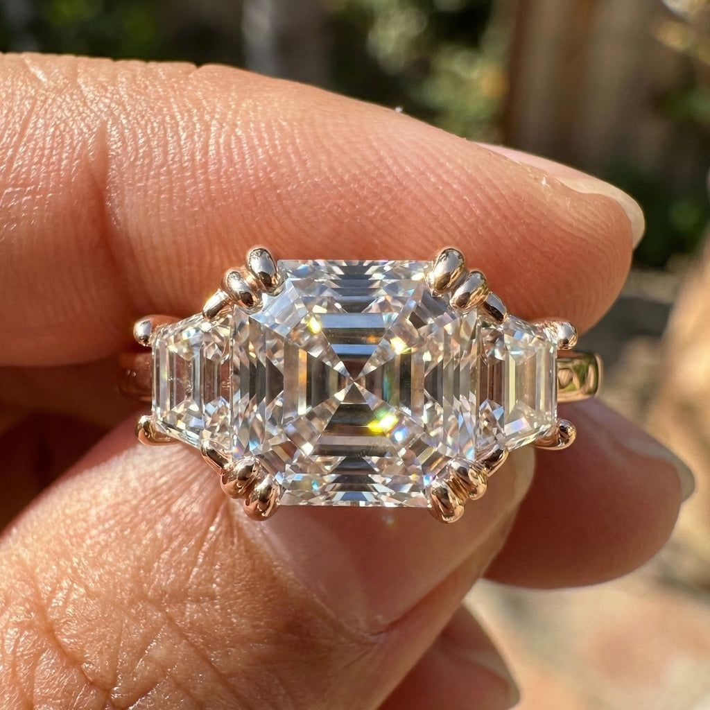 Asscher Cut Three Stone Engagement Ring with Tapered Side Stones in Moissanite or Lab Grown Diamond – Solid 14k/18k Gold or Silver Engagement Gift, Handmade Jewelry