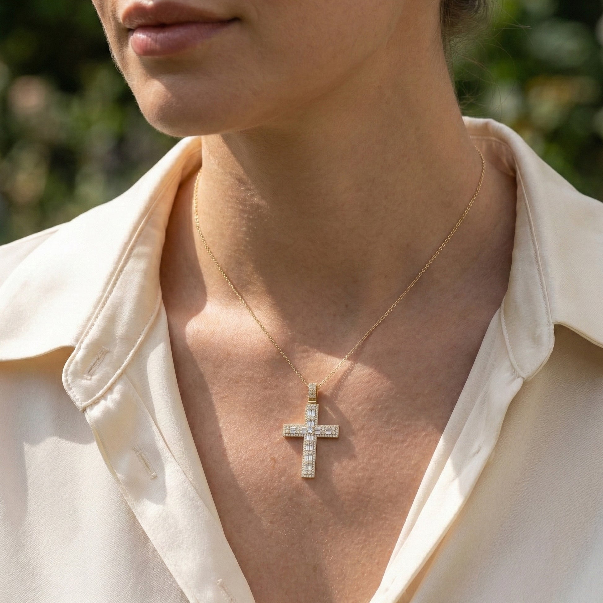 Sculpted Baguette Halo Cross Pendant in 14K Solid Gold, 2.17 TCW Baguette/Round Cut Lab Diamond, Faith Jewelry, Religious Gift For Her, Jesus Cross Pendant