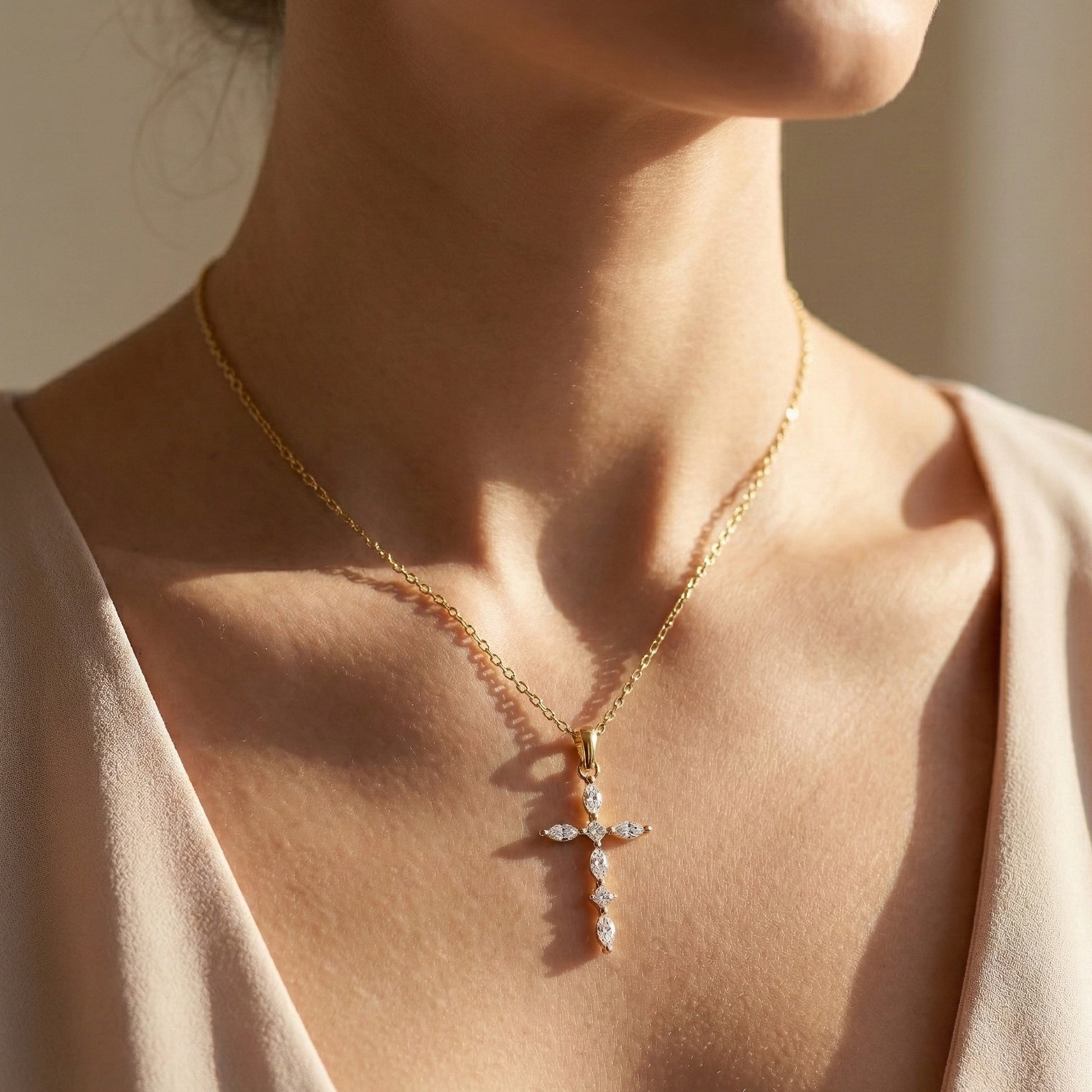 Layered Marquise Cross Pendant in 14k Solid Gold, 0.30 TCW Marquise/Princess Cut Lab Created Diamonds, Baptism Gift