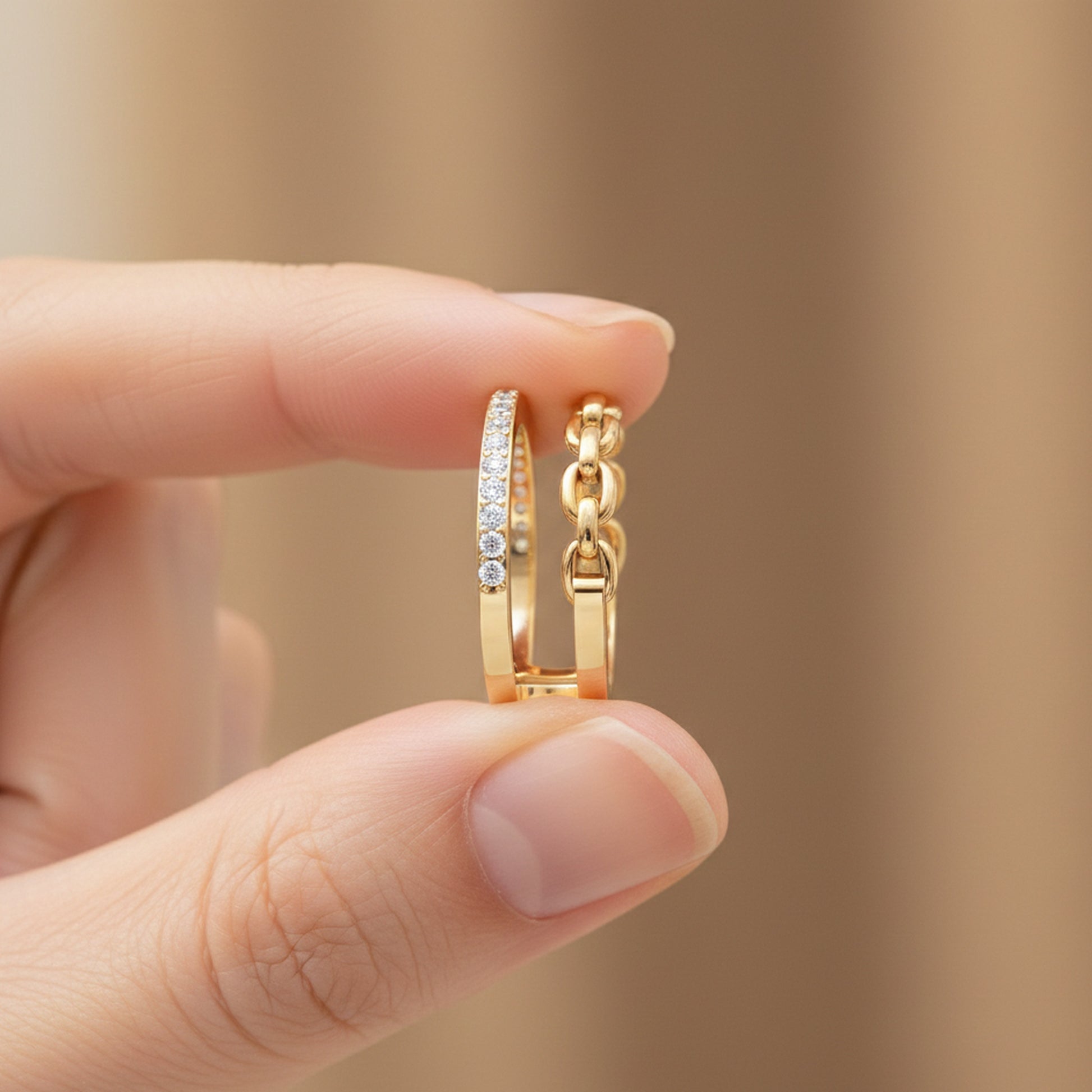 Unique Contemporary Chain Link Pavé Wedding Band in Lab Diamond-14k Solid Gold, Anniversary Gift For Women, Everyday Gift