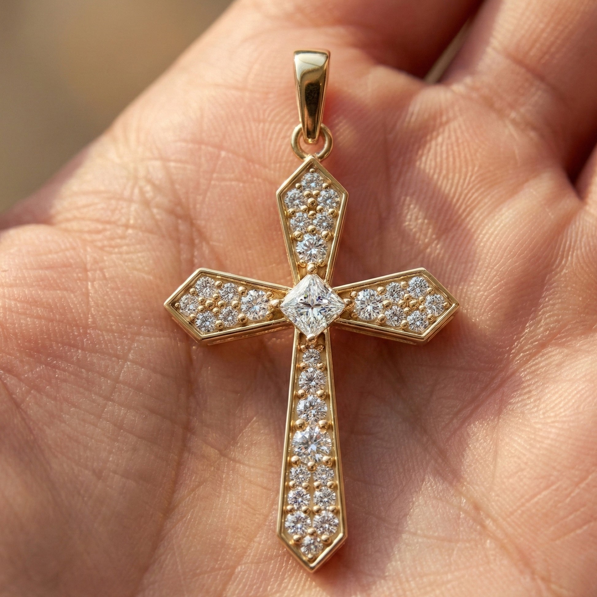 Modern Geometric Cross Pendant in 14k Solid Gold, 0.74 TCW Princess/Round Cut Lab Grown Diamonds, Gift for Her, Religious Jewelry