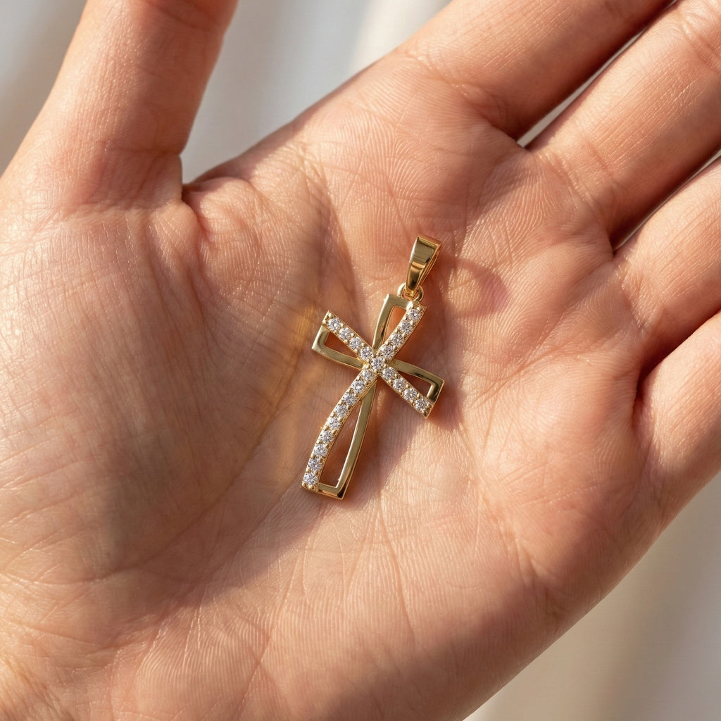 Contemporary Open Cross Pendant in 14k Solid Gold, 0.22 TCW Round Cut Lab Grown Diamonds, Bridal Jewelry, Wedding Gift For Wife