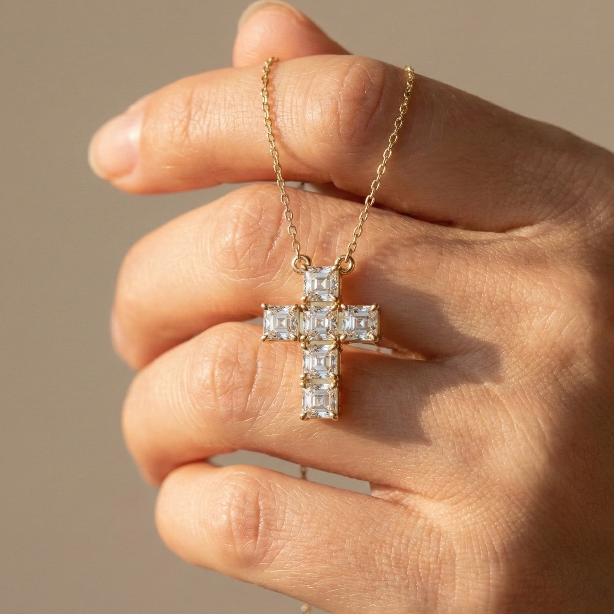 Elegant Square Style Cross Pendant in 14k Solid Gold, 4.50 TCW Asscher Cut Lab Grown Diamonds, Wedding Gift for Her, Religious Jewelry