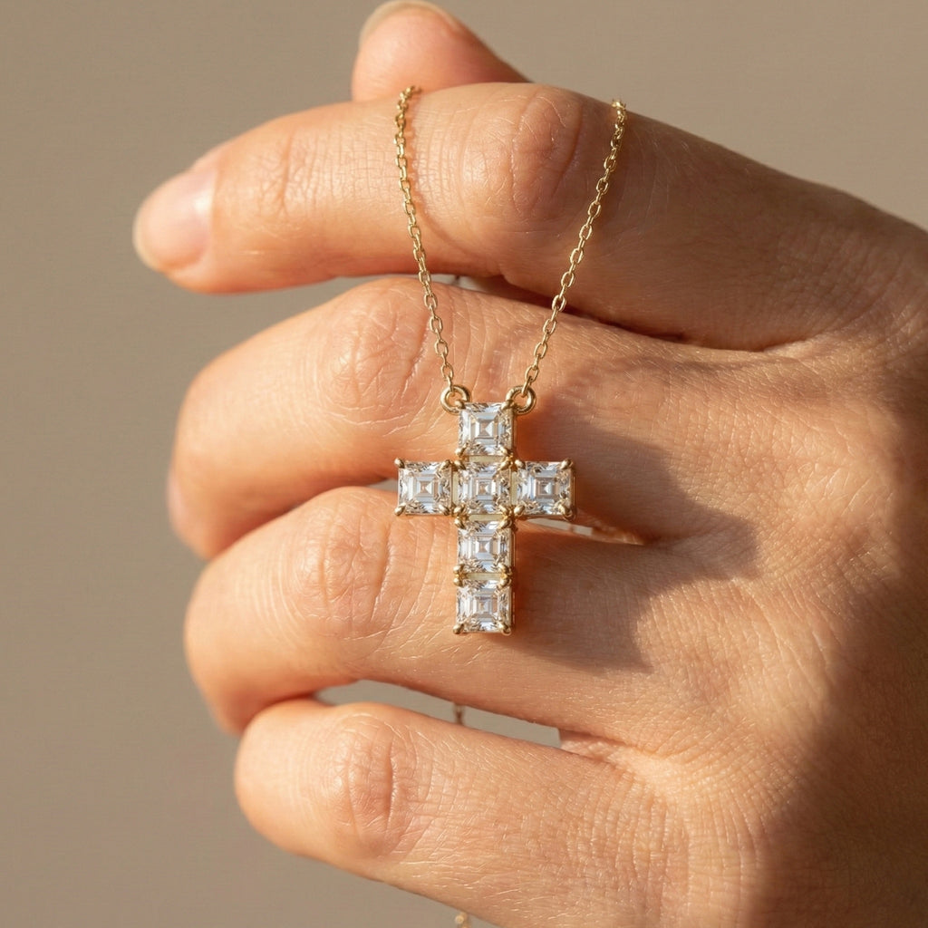 Elegant Square Style Cross Pendant in 14k Solid Gold, 4.50 TCW Asscher Cut Lab Grown Diamonds, Wedding Gift for Her, Religious Jewelry