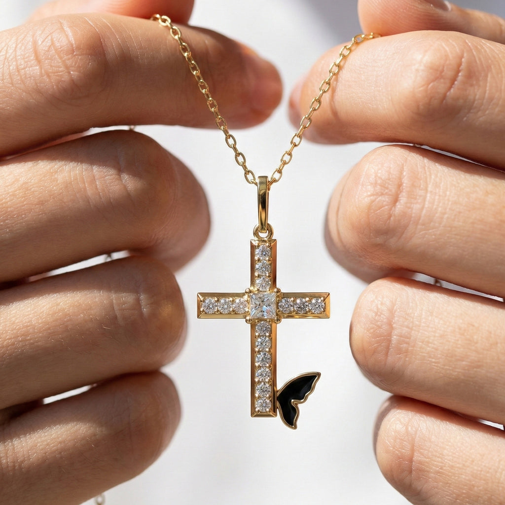 Butterfly Accent Jesus Cross Diamond Pendant in 14K Solid Gold, 0.56 TCW Princess/Round Cut Lab Diamonds, Gift for Her, Religious Jewelry